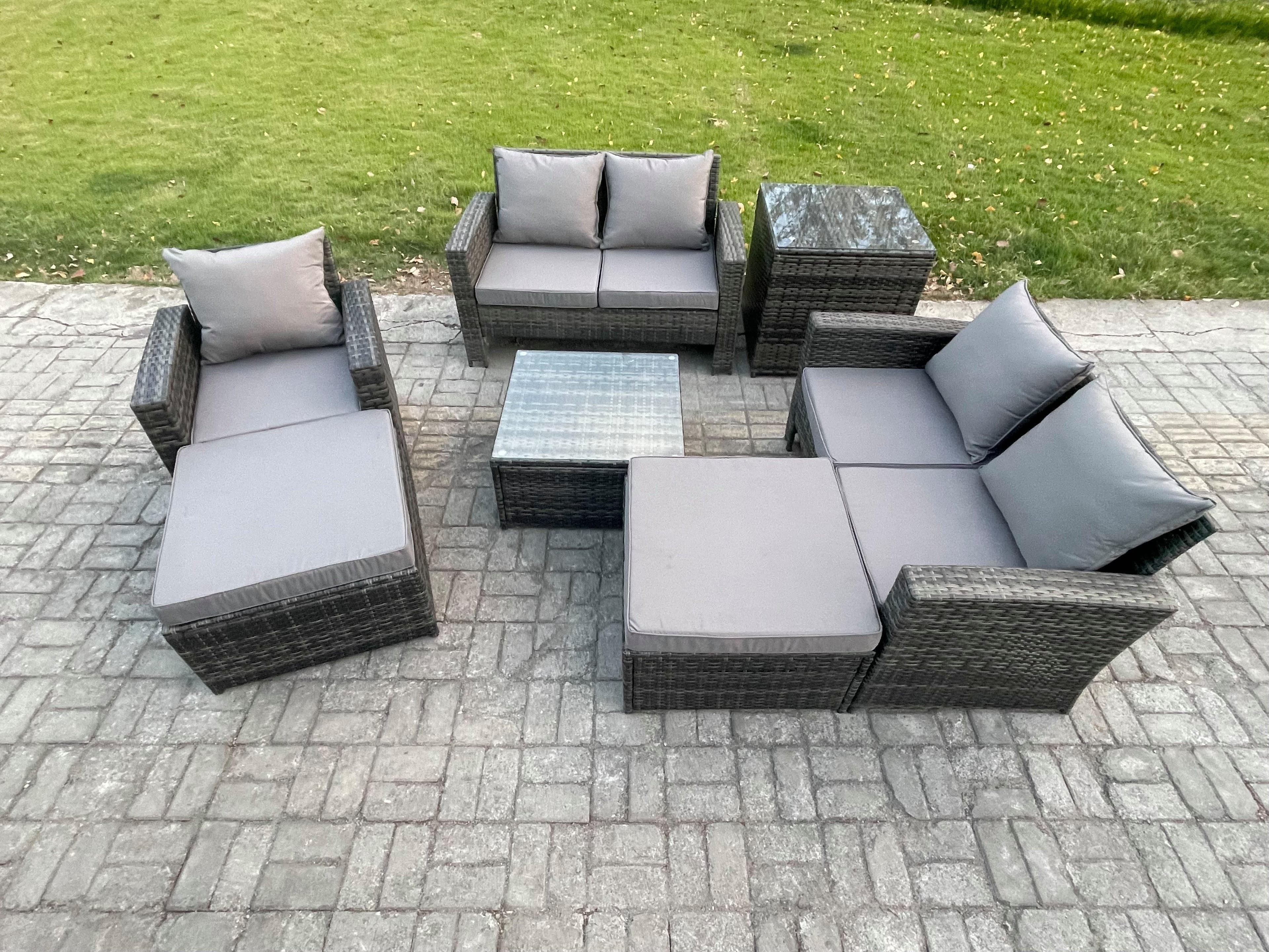 7 Seater Outdoor Rattan Garden Furniture Set Conservatory Patio Sofa Coffee Table Set Chair Side Table 2 Big Footstool