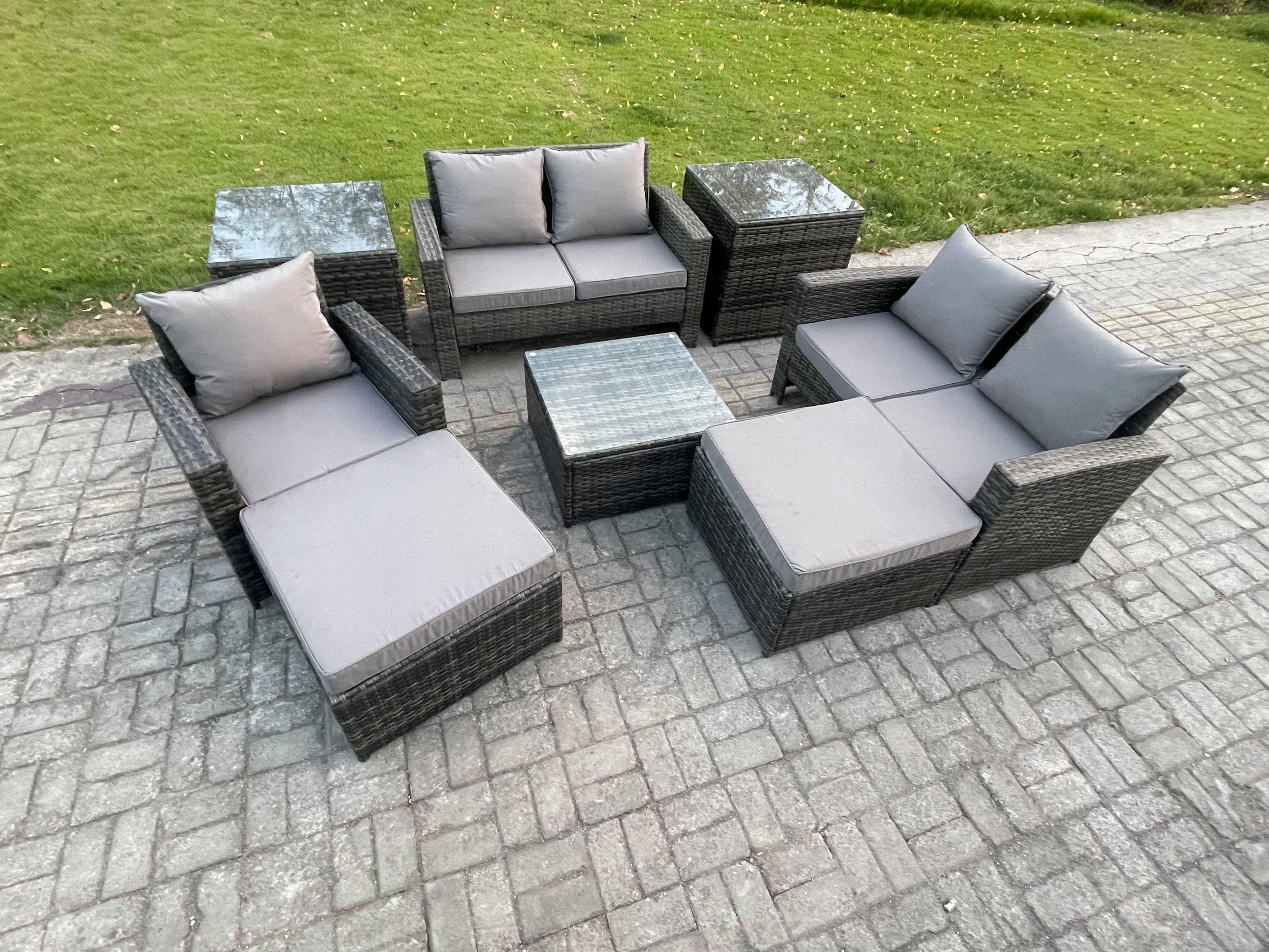 7 Seater Outdoor Rattan Garden Furniture Set Conservatory Patio Sofa Coffee Table Set Chair 2 Side Tables 2 Big Footstool