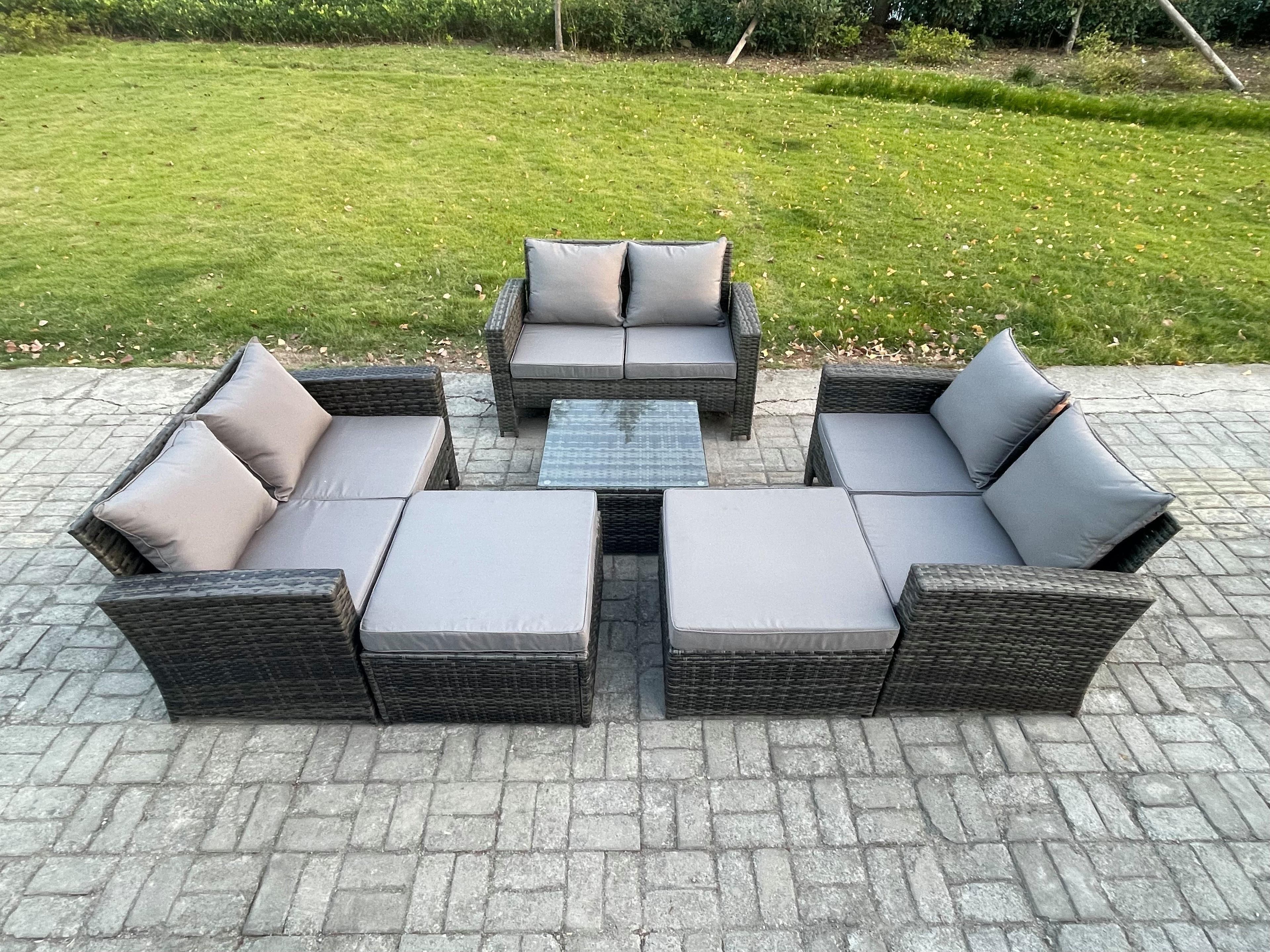 8 Seater Outdoor Rattan Garden Furniture Set Conservatory Patio Sofa Coffee Table Set 2 Big Footstool Dark Grey Mixed
