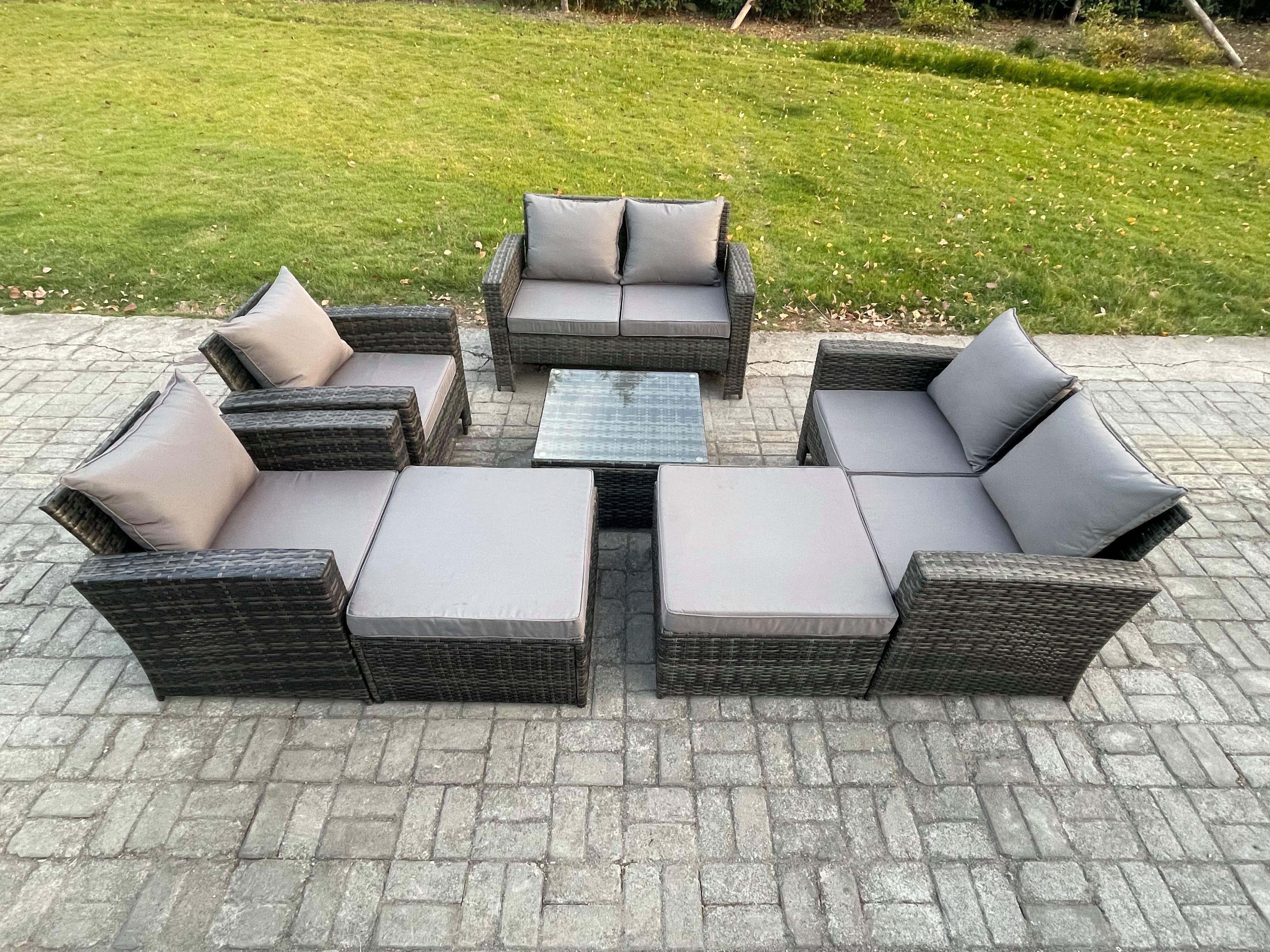 Rattan Outdoor Garden Furniture Sofa Set Table & Chairs 2 Big Footstool Dark Grey Mixed