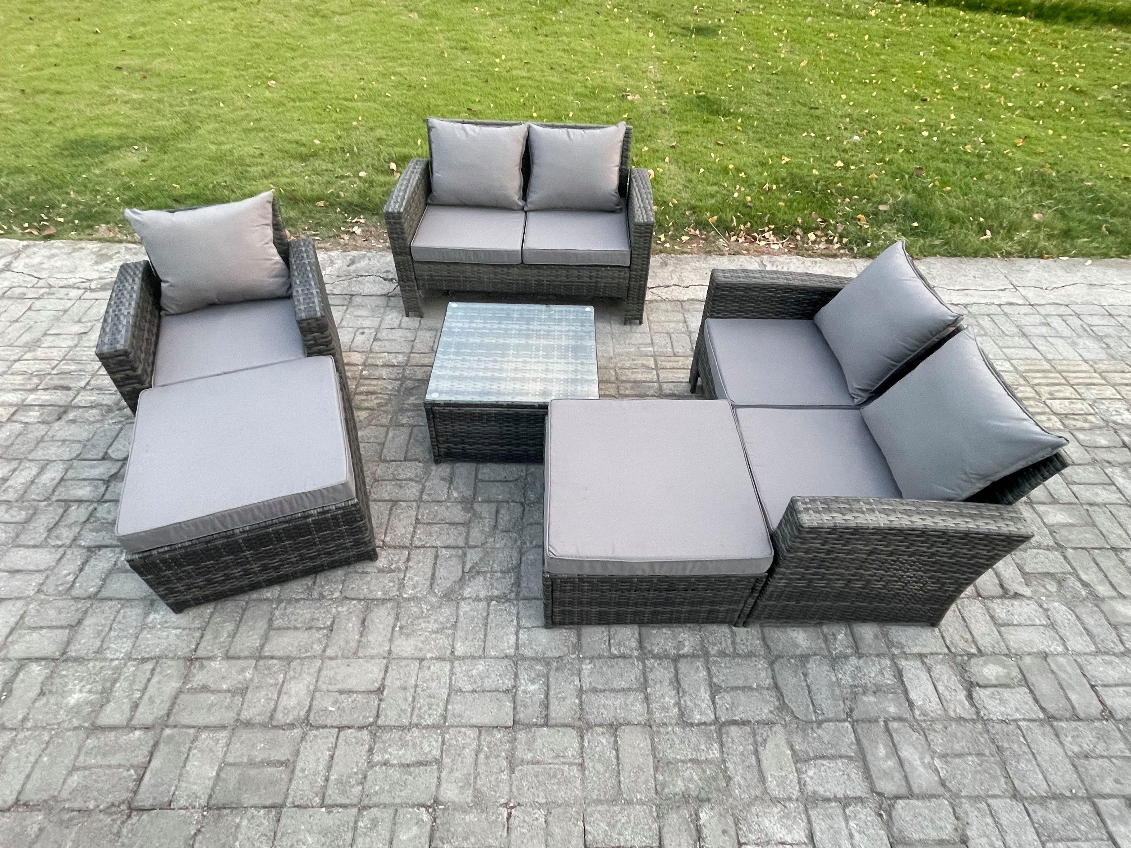 7 Seater Rattan Outdoor Garden Furniture Sofa Set Table & Chairs 2 Big Footstool Dark Grey Mixed