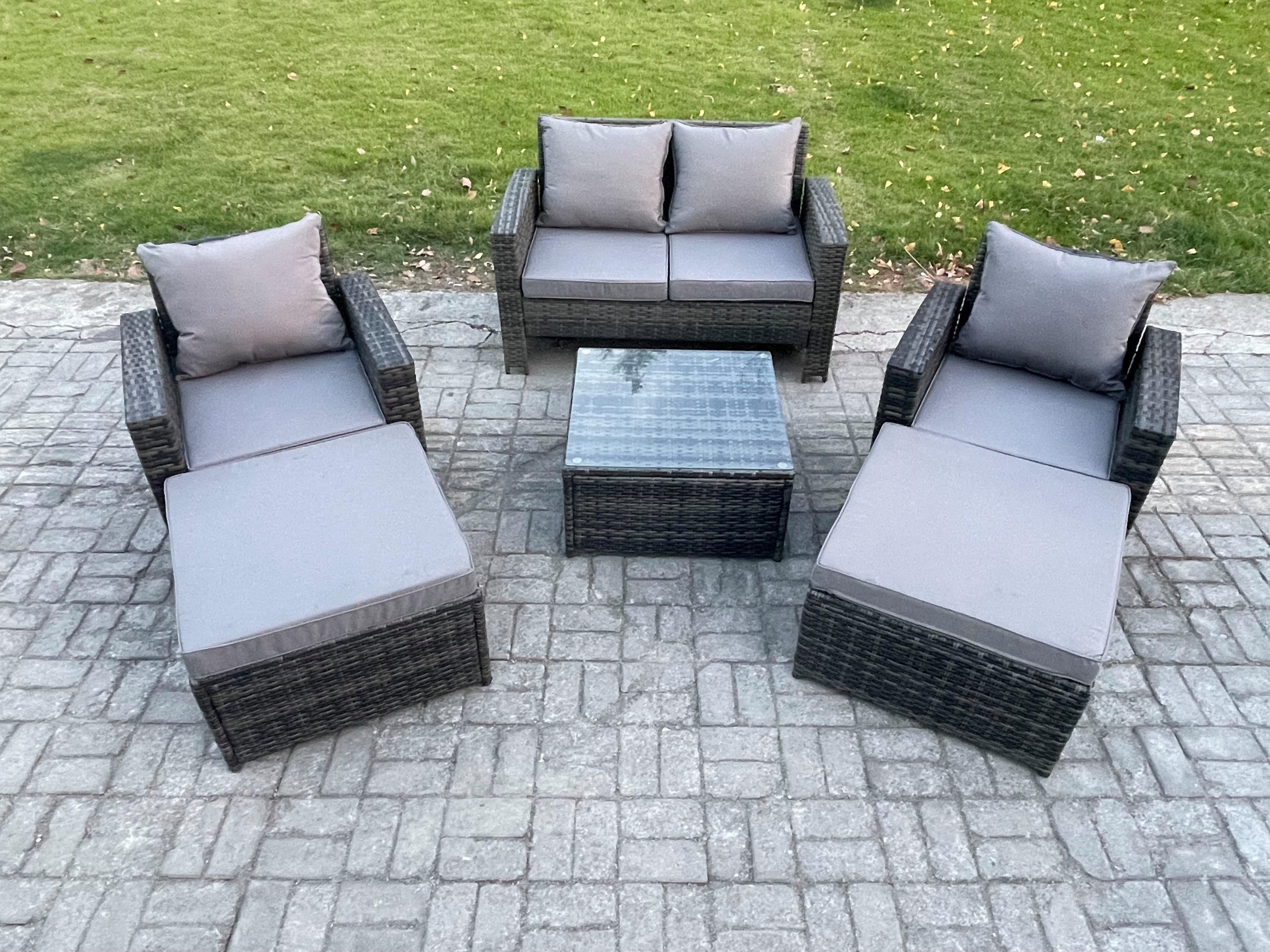 6 Seater Rattan Outdoor Garden Furniture Sofa Set Table & Chairs 2 Big Footstool Dark Grey Mixed