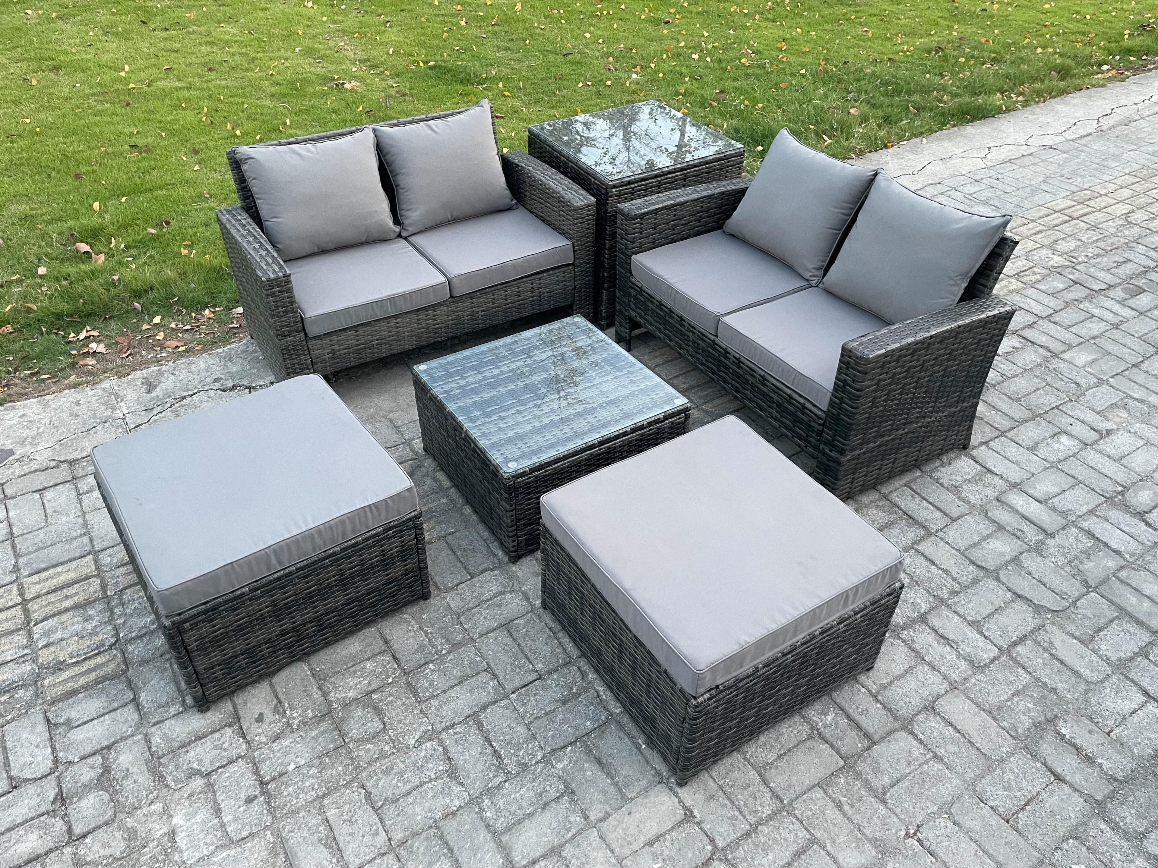 6 Seater Rattan Outdoor Garden Furniture Sofa Set 2 Big Footstool Side Table Dark Grey Mixed