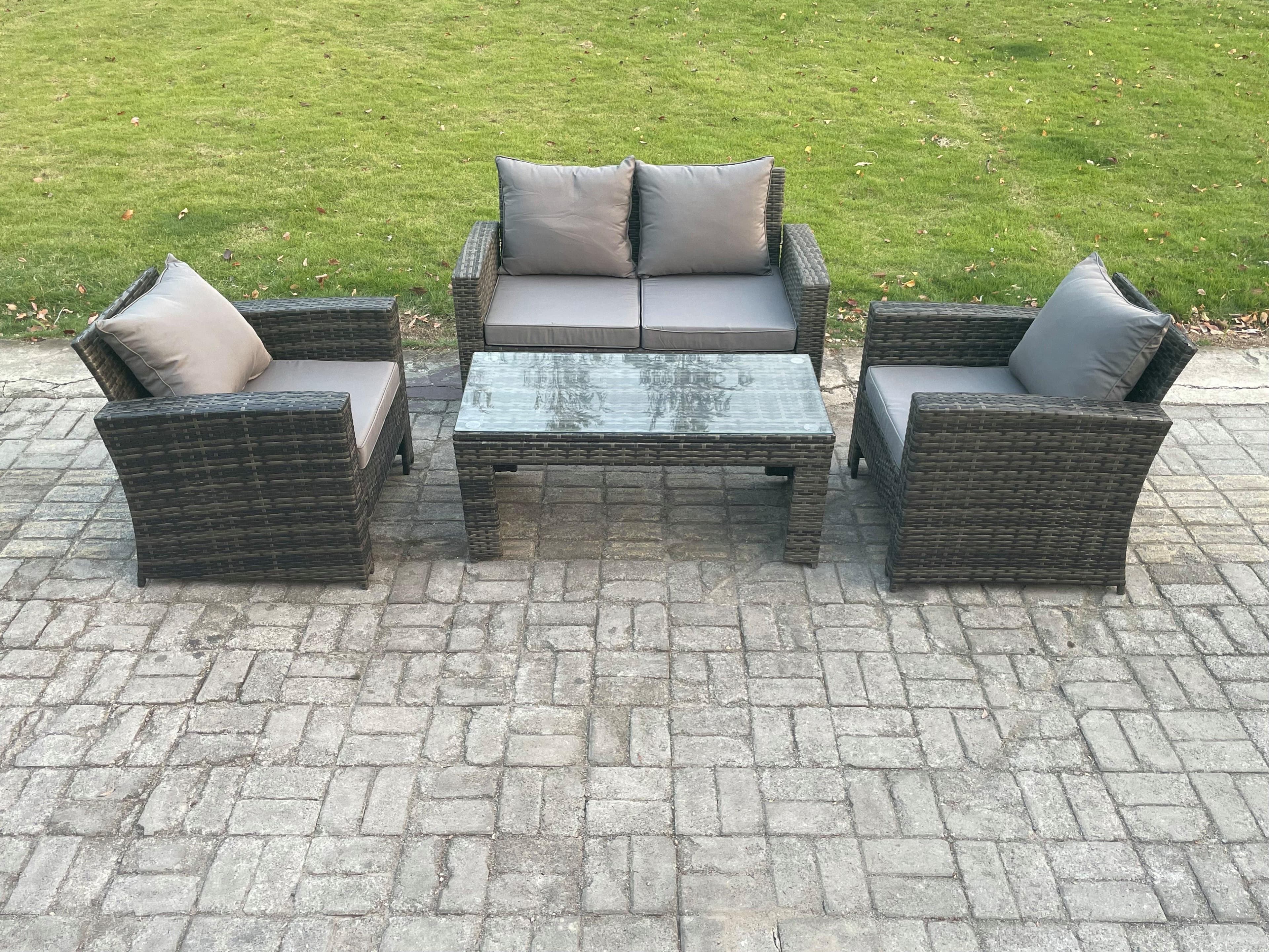 Outdoor Rattan Garden Furniture Set 4 Seater Patio Lounge Sofa Set Coffee Table Dark Grey Mixed
