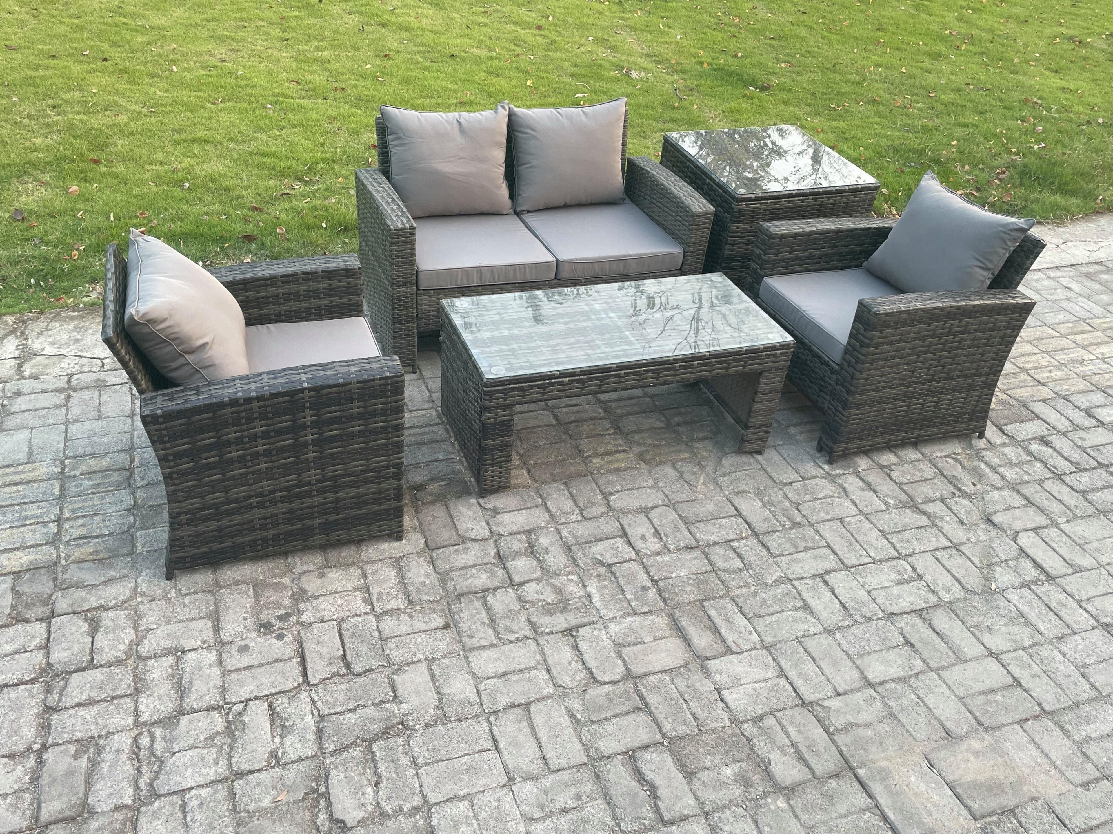 4 Seater Outdoor Rattan Garden Furniture Set Patio Lounge Sofa Set Coffee Table Side Table Dark Grey Mixed