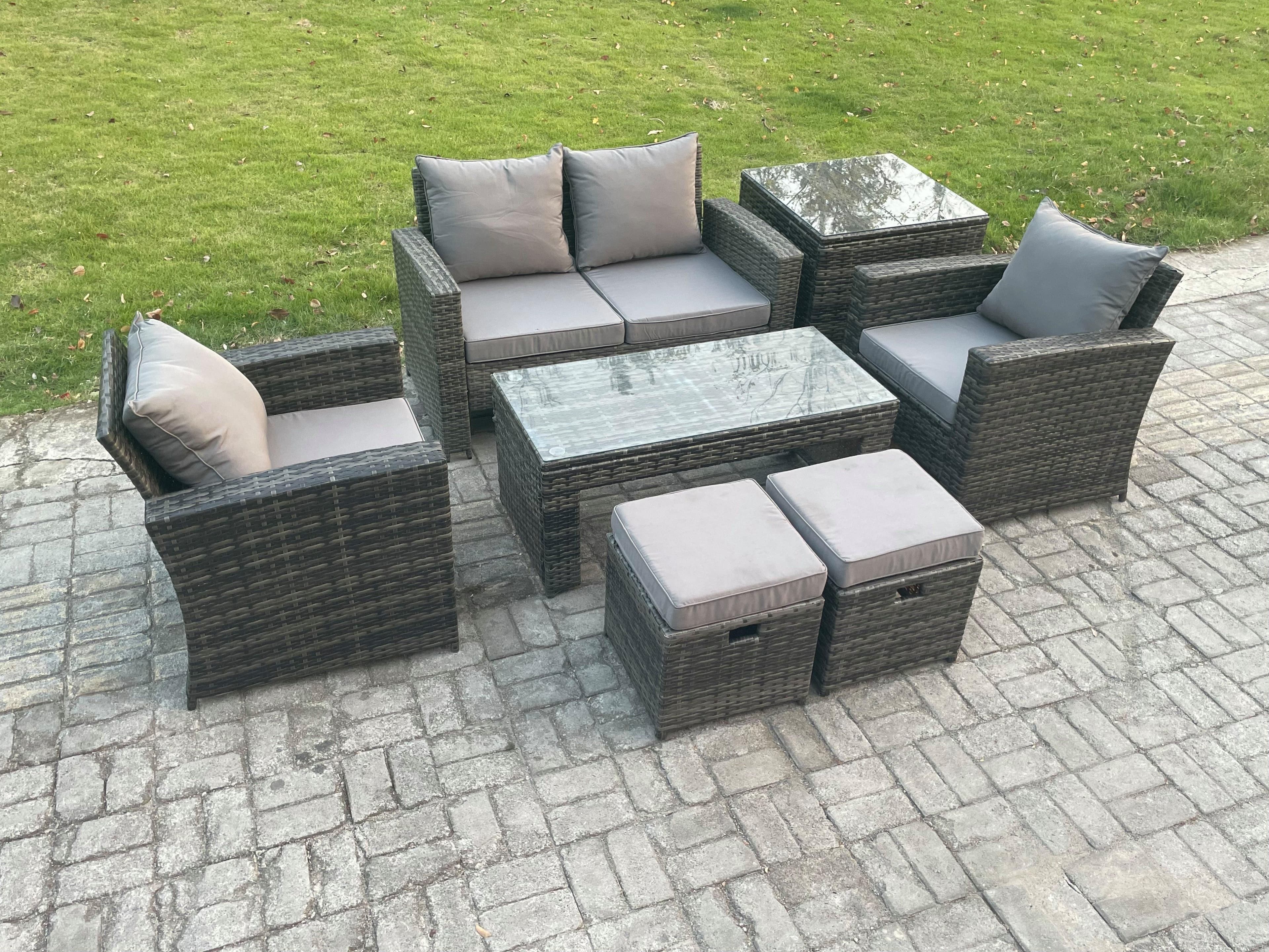 6 Seater Outdoor Rattan Garden Furniture Set Patio Lounge Sofa Set Coffee Table Side Table 2 Small Footstools