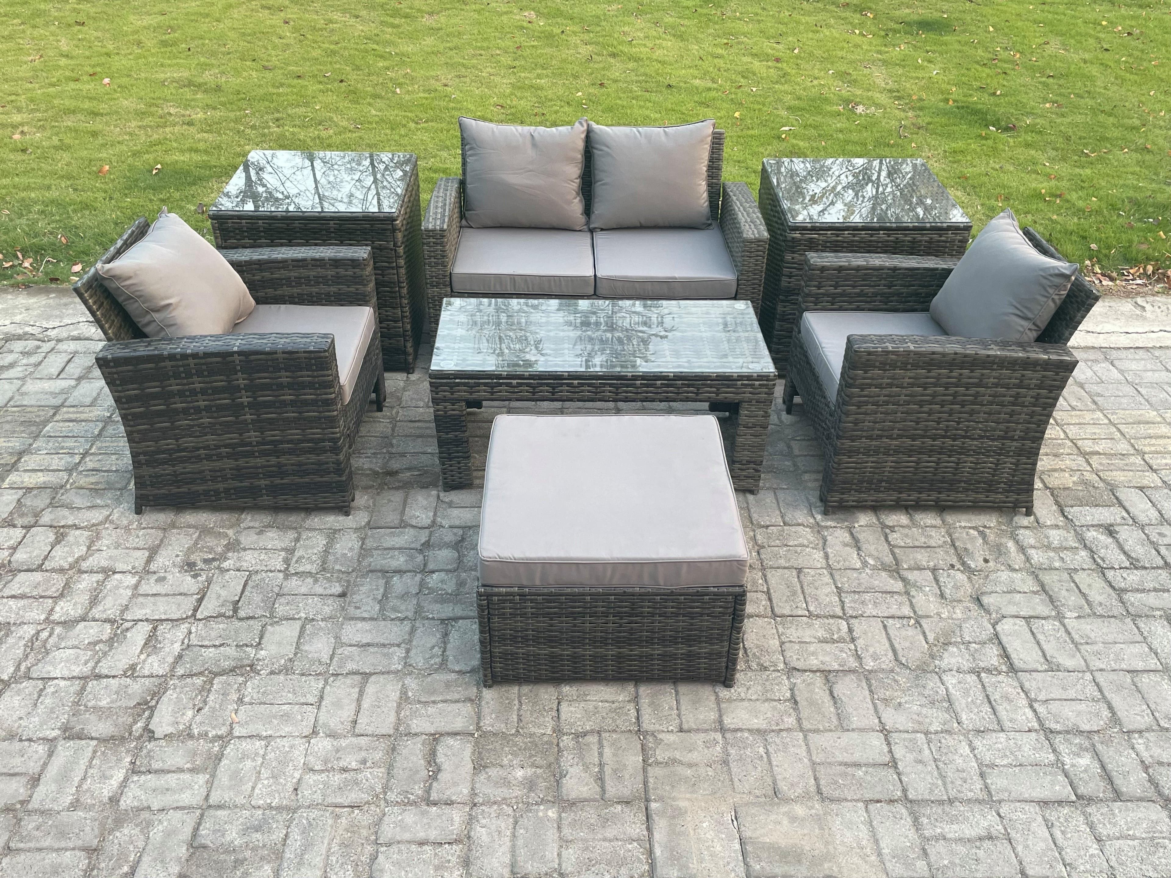 5 Seater Outdoor Rattan Garden Furniture Set Patio Lounge Sofa Set Coffee Table Side Tables Big Footstool Dark Grey Mixed