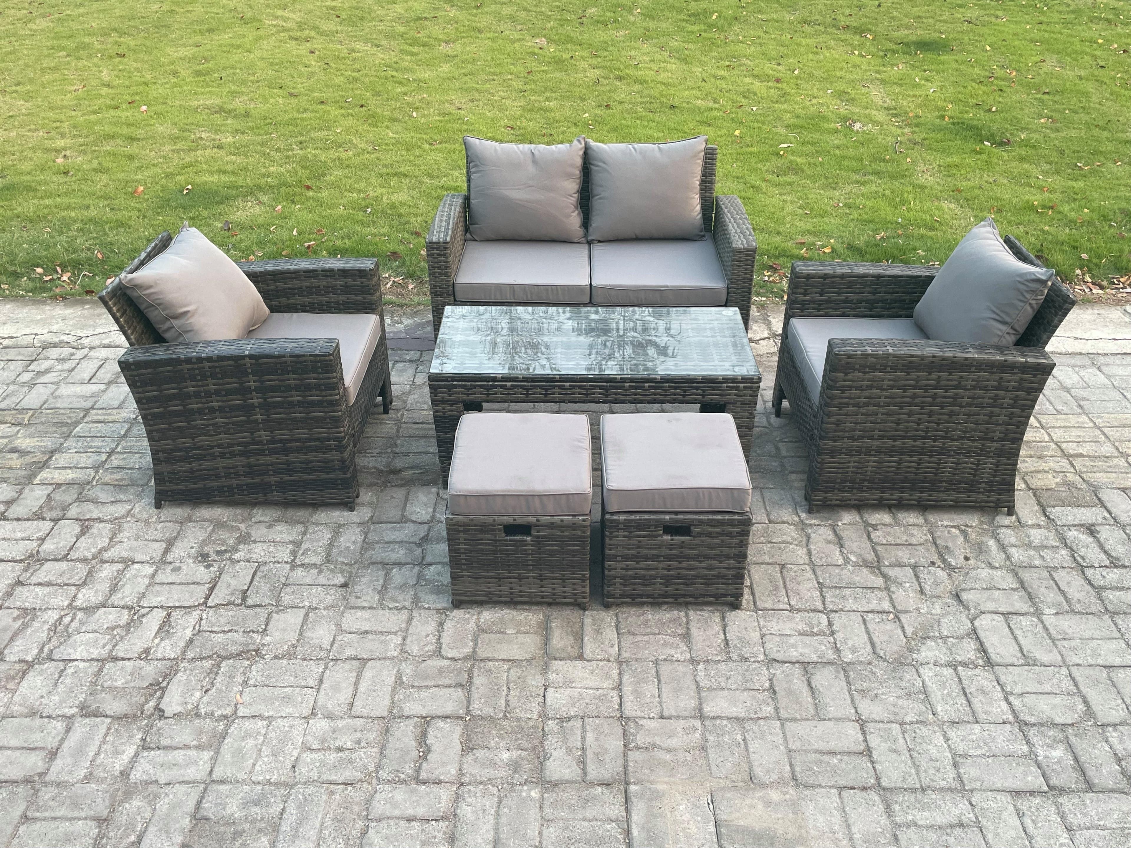 6 Seater Outdoor Rattan Garden Furniture Set Patio Lounge Sofa Set Coffee Table 2 Small Footstools Dark Grey Mixed