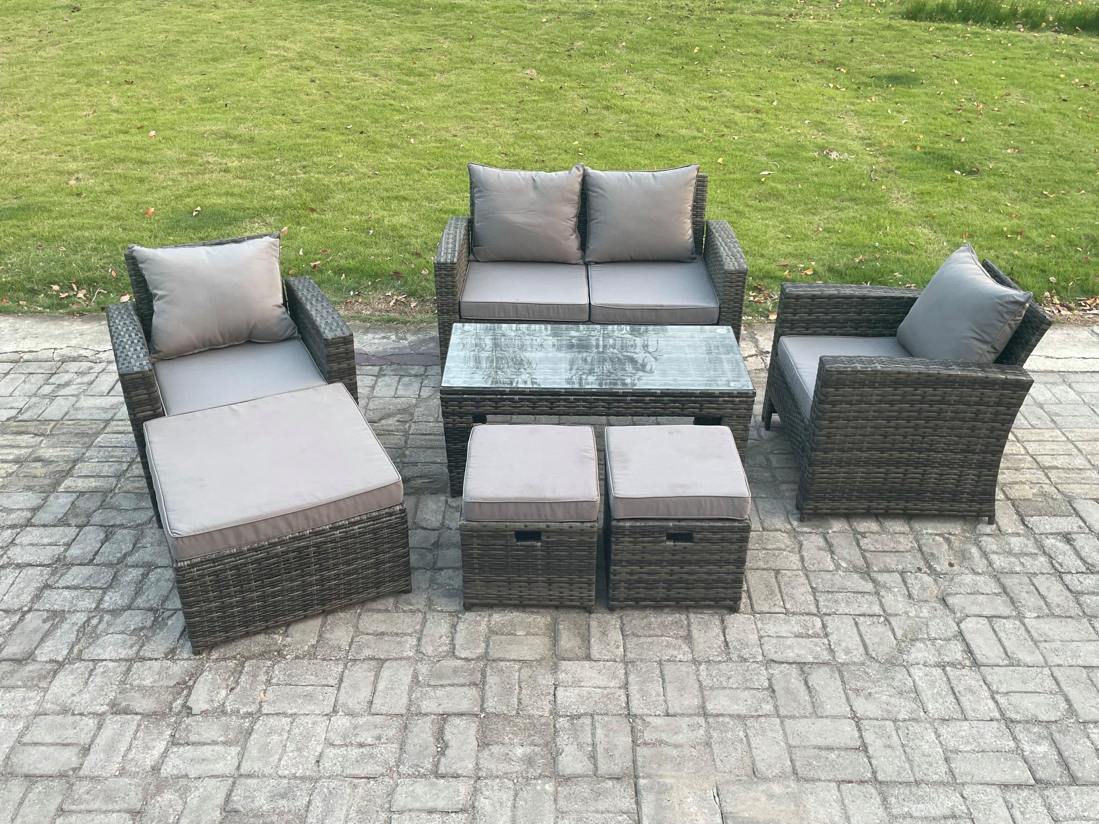 7 Seater Outdoor Rattan Garden Furniture Set Patio Lounge Sofa Set Coffee Table 3 Footstools Dark Grey Mixed