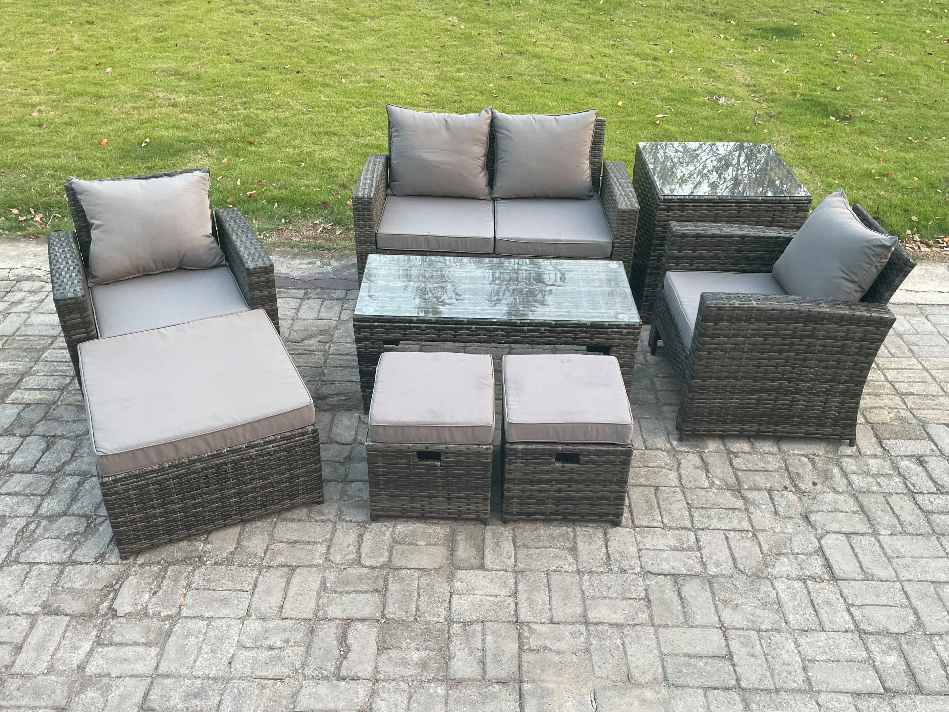 7 Seater Outdoor Rattan Garden Furniture Set Patio Lounge Sofa Set Coffee Table 3 Footstools Side Table Dark Grey Mixed