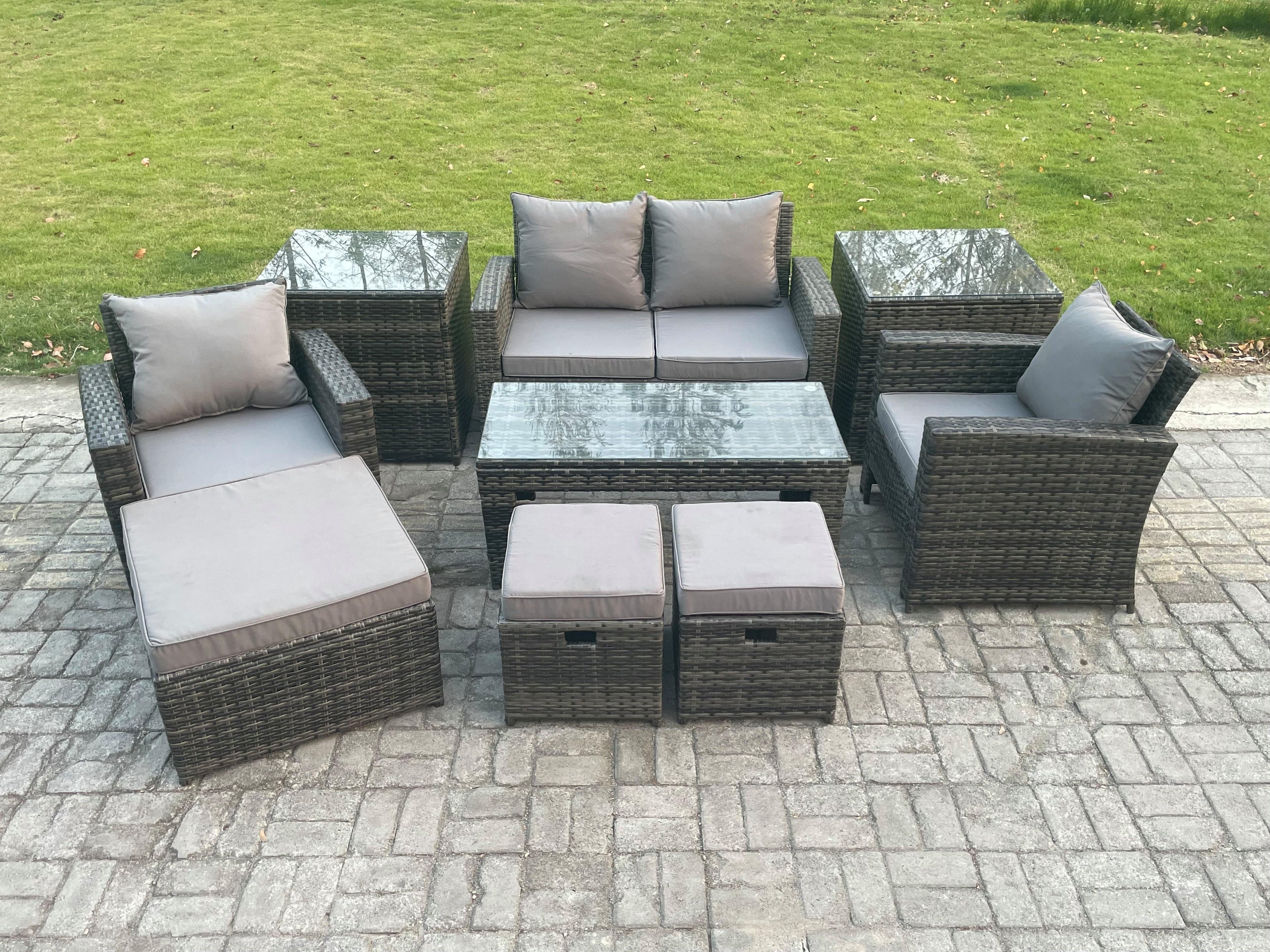 9 PCS Outdoor Lounge Sofa Set Wicker PE Rattan Garden Furniture Set Rectangular Coffee Table Armchair