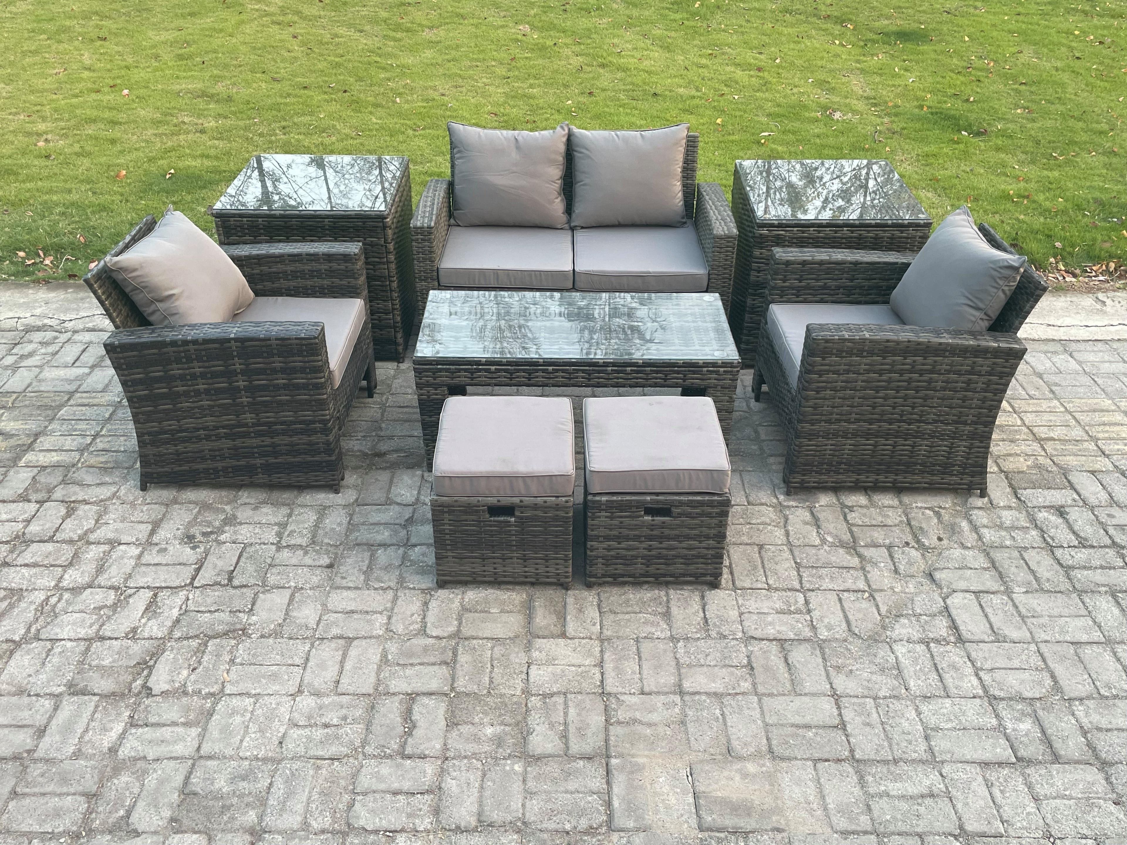 8 PCS Outdoor Lounge Sofa Set Wicker PE Rattan Garden Furniture Set Rectangular Coffee Table Armchair