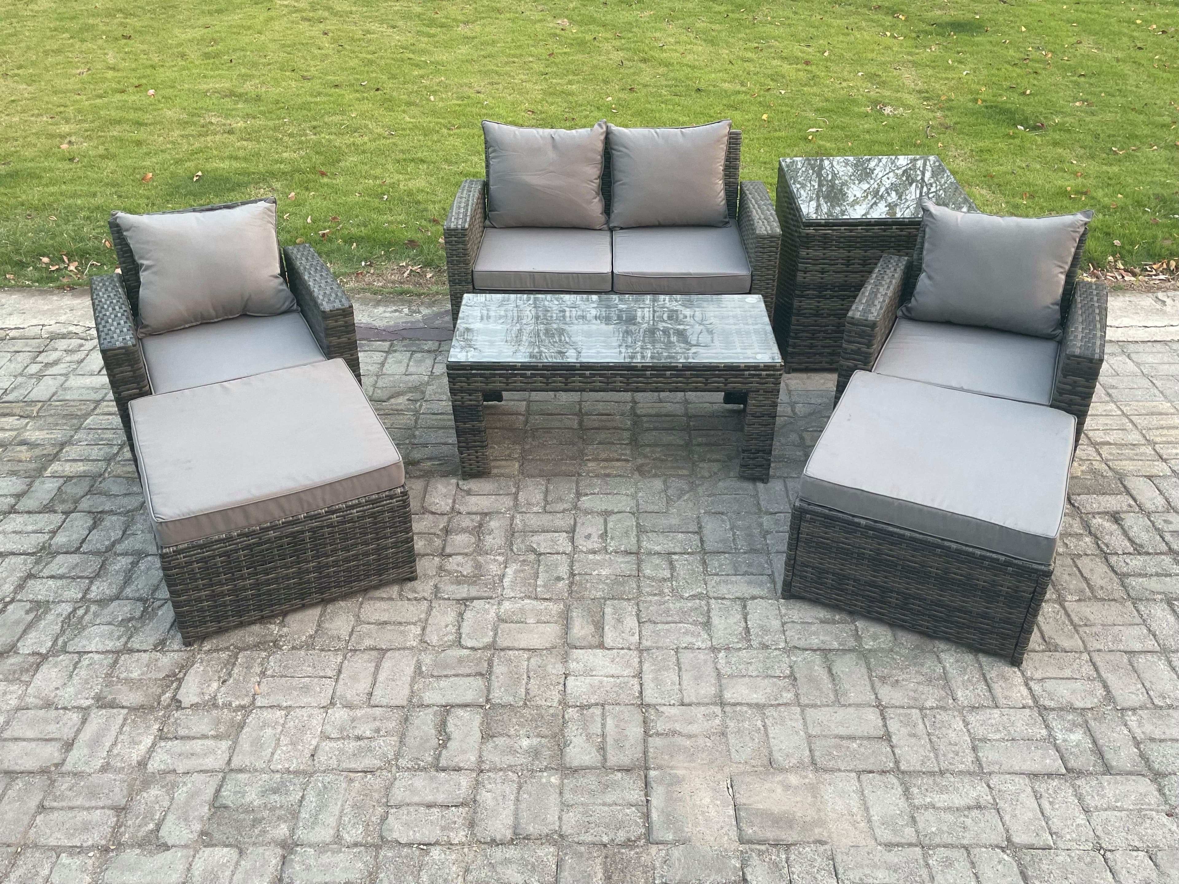 7 PCS Outdoor Lounge Sofa Set Wicker PE Rattan Garden Furniture Set Rectangular Coffee Table Armchair
