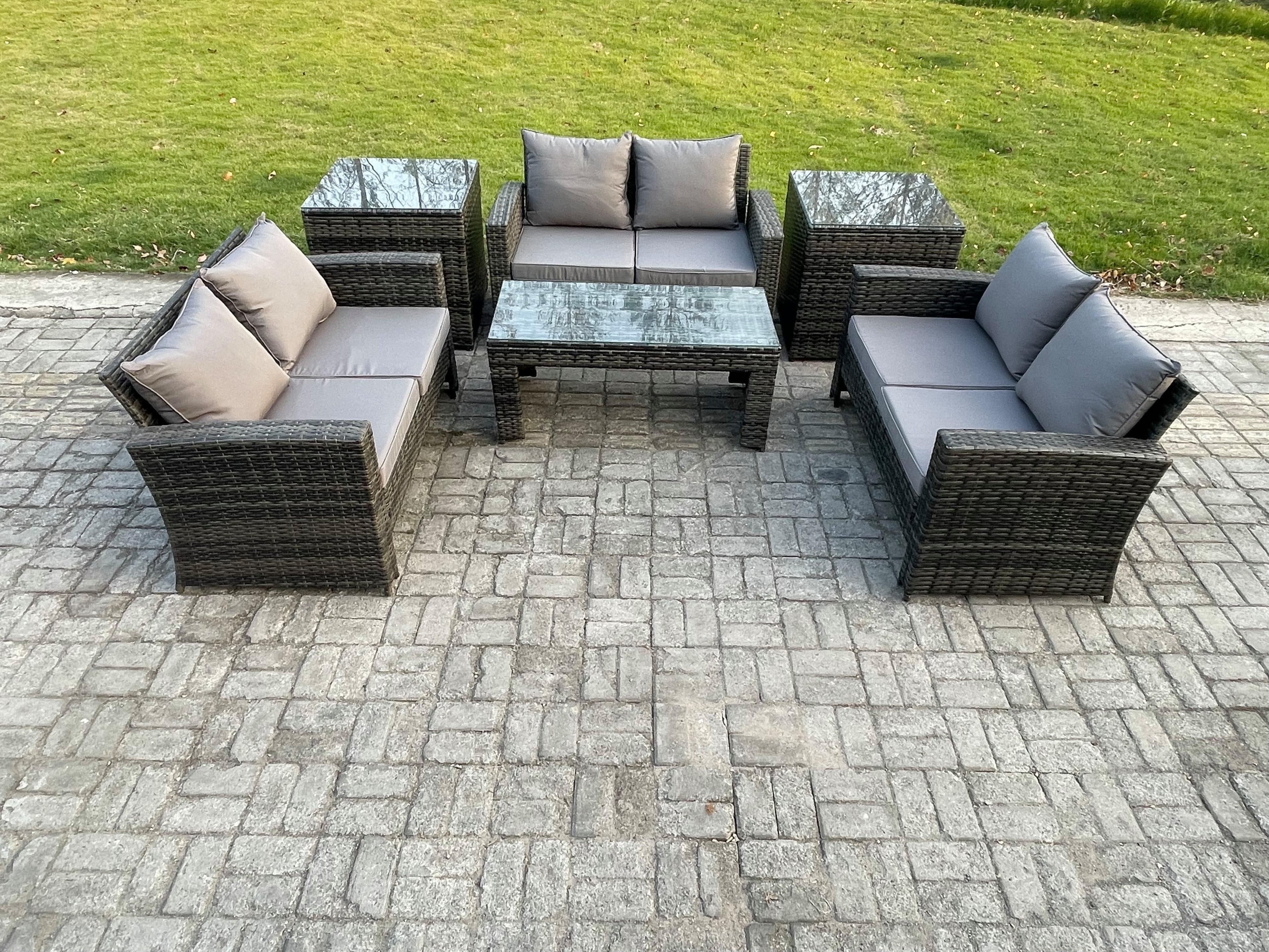 6 PCS Outdoor Lounge Sofa Set Wicker PE Rattan Garden Furniture Set Coffee Table Double Seater Sofa 2 Side Tables