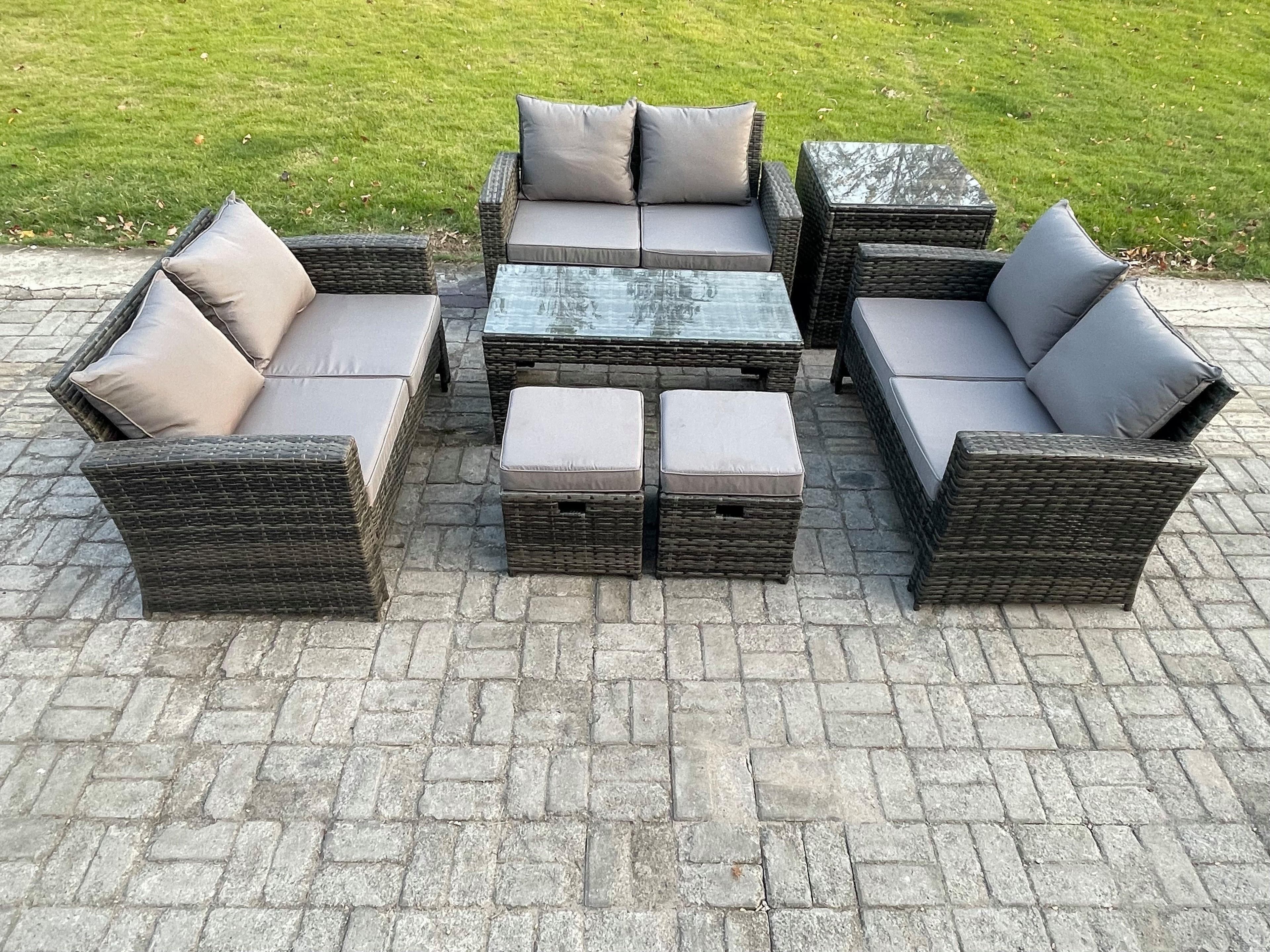 7 PCS Outdoor Lounge Sofa Set Wicker PE Rattan Garden Furniture Set Coffee Table Double Seater Sofa Side Table