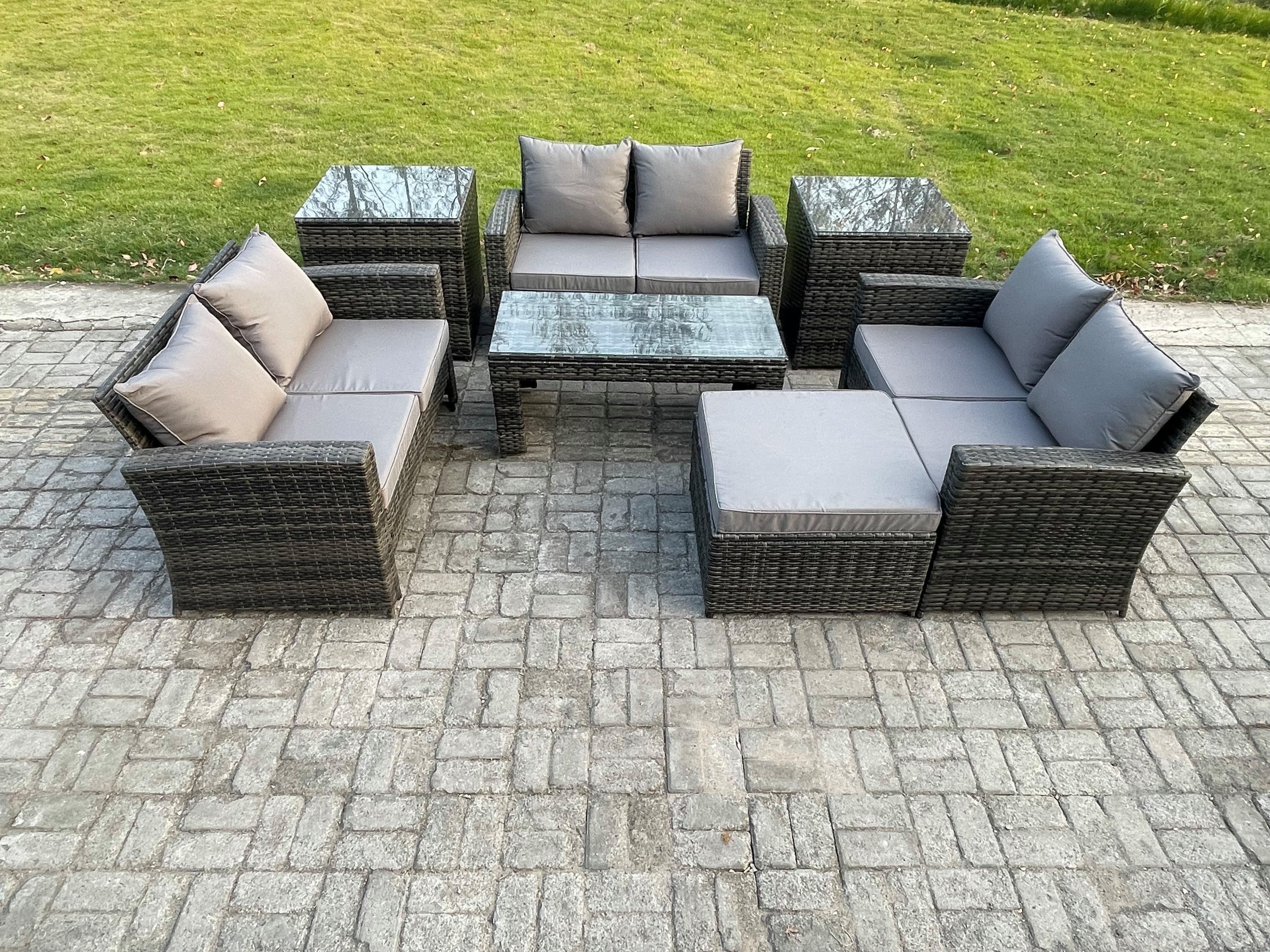 7 PCS Outdoor Lounge Sofa Set Wicker PE Rattan Garden Furniture Set Coffee Table Double Seater Sofa