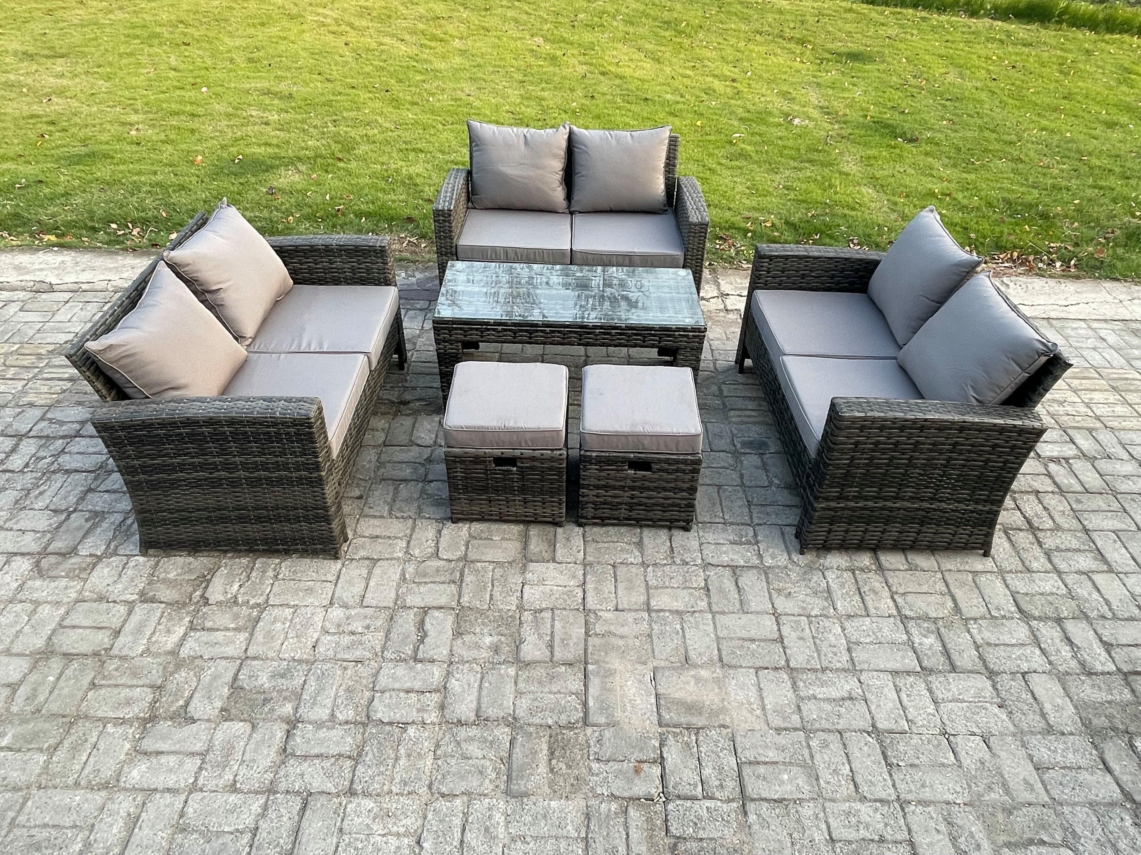 Outdoor U Shape Sofa Set Wicker PE Rattan Garden Furniture Set Coffee Table Double Seat Sofa 2 Small Footstools