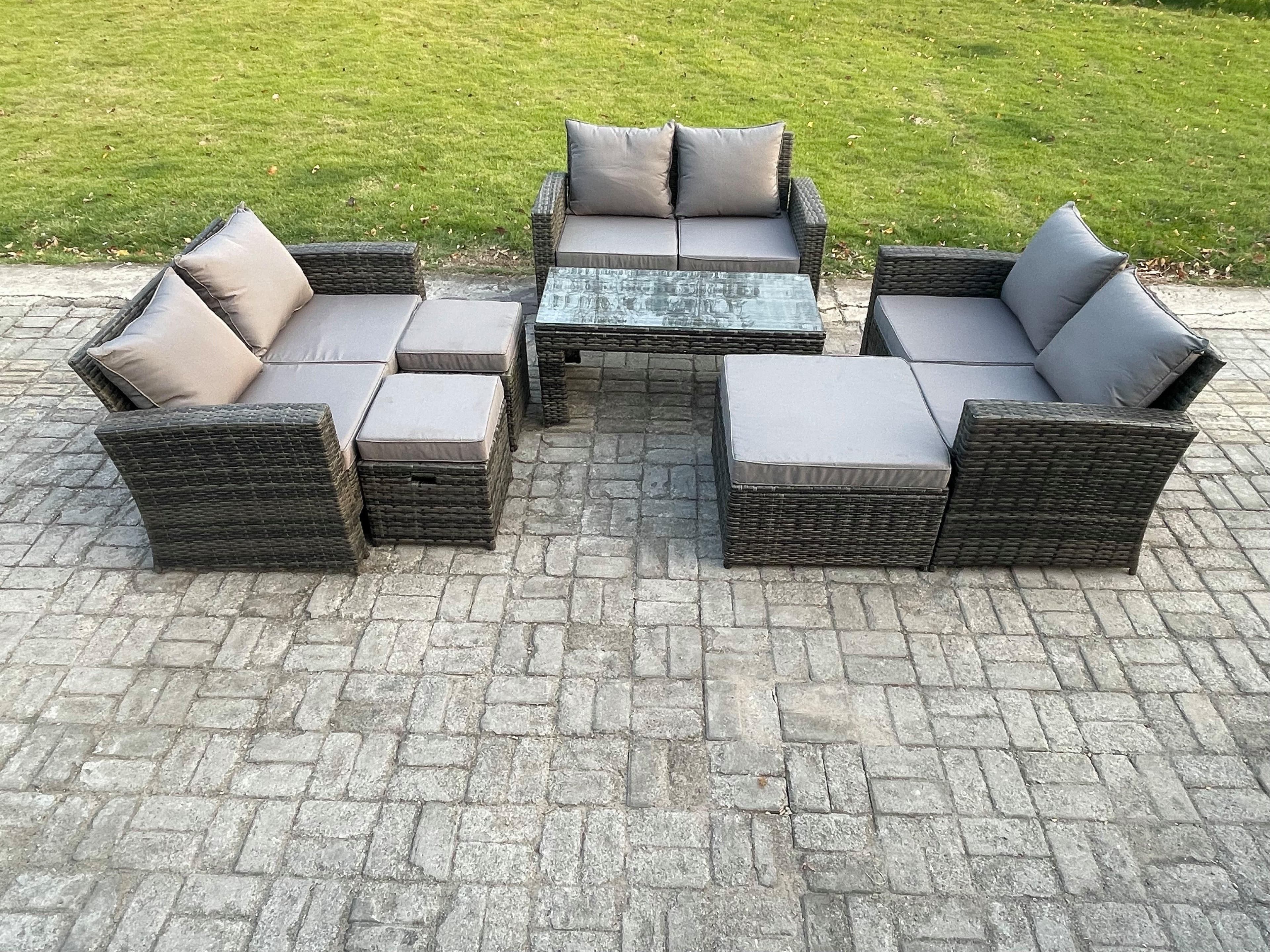 Outdoor U Shape Sofa Set Wicker PE Rattan Garden Furniture Set Coffee Table Double Seat Sofa 3 Footstools