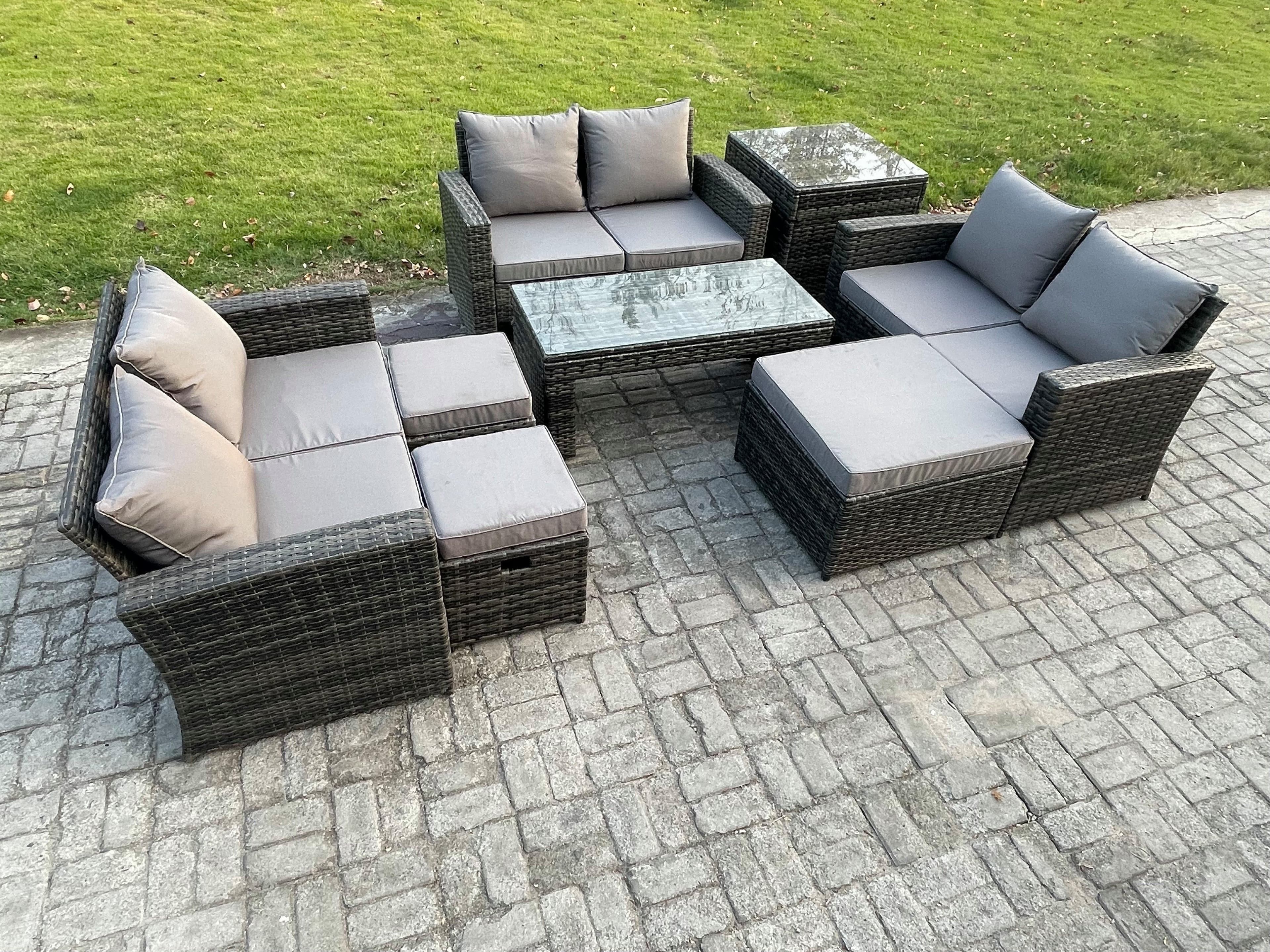Outdoor U Shape Sofa Set Wicker Rattan Garden Furniture Set Coffee Table Double Seat Sofa 3 Footstools