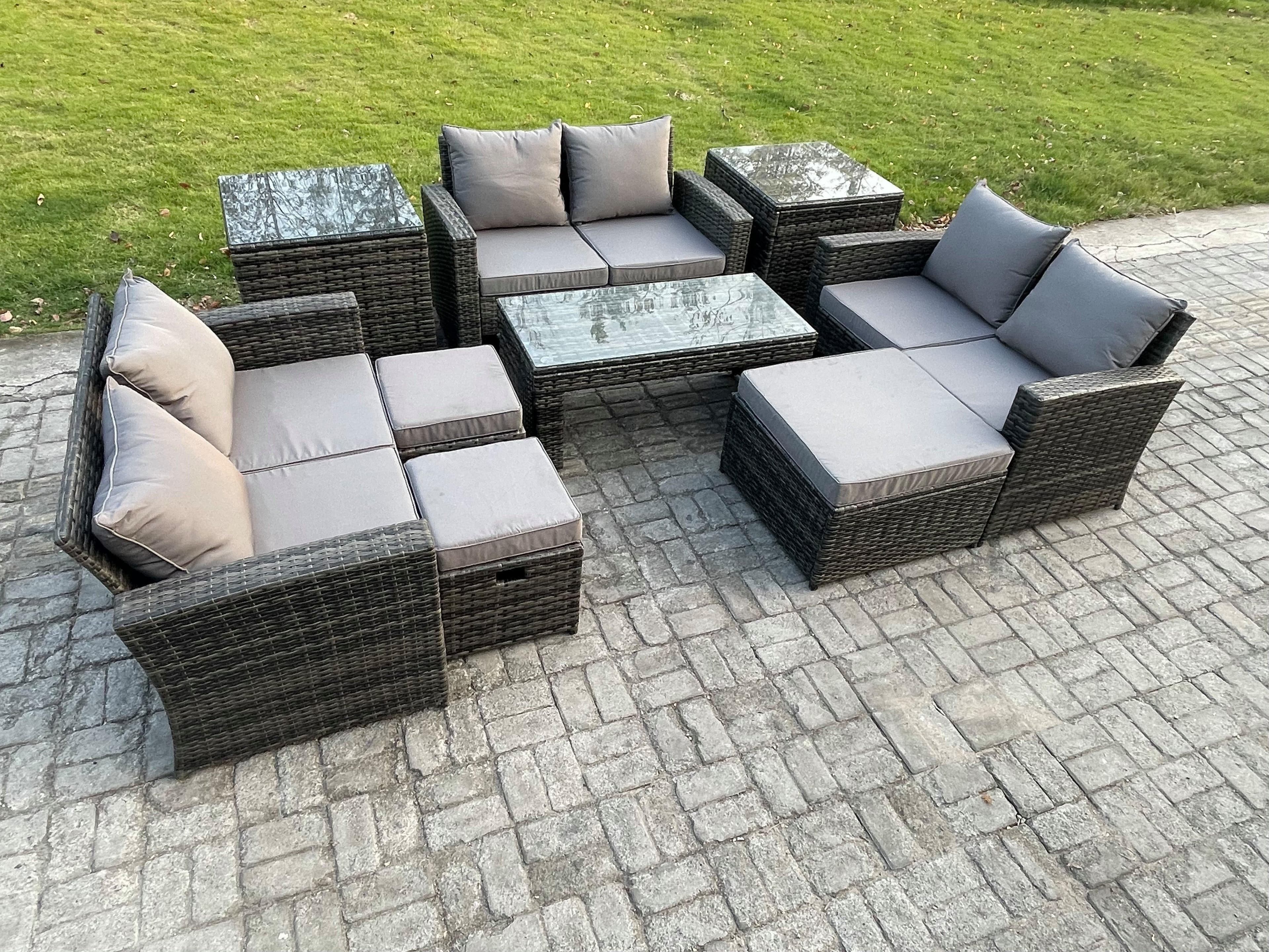 Outdoor U Shape Sofa Set Rattan Garden Furniture Set Coffee Table Double Seat Sofa 3 Footstools