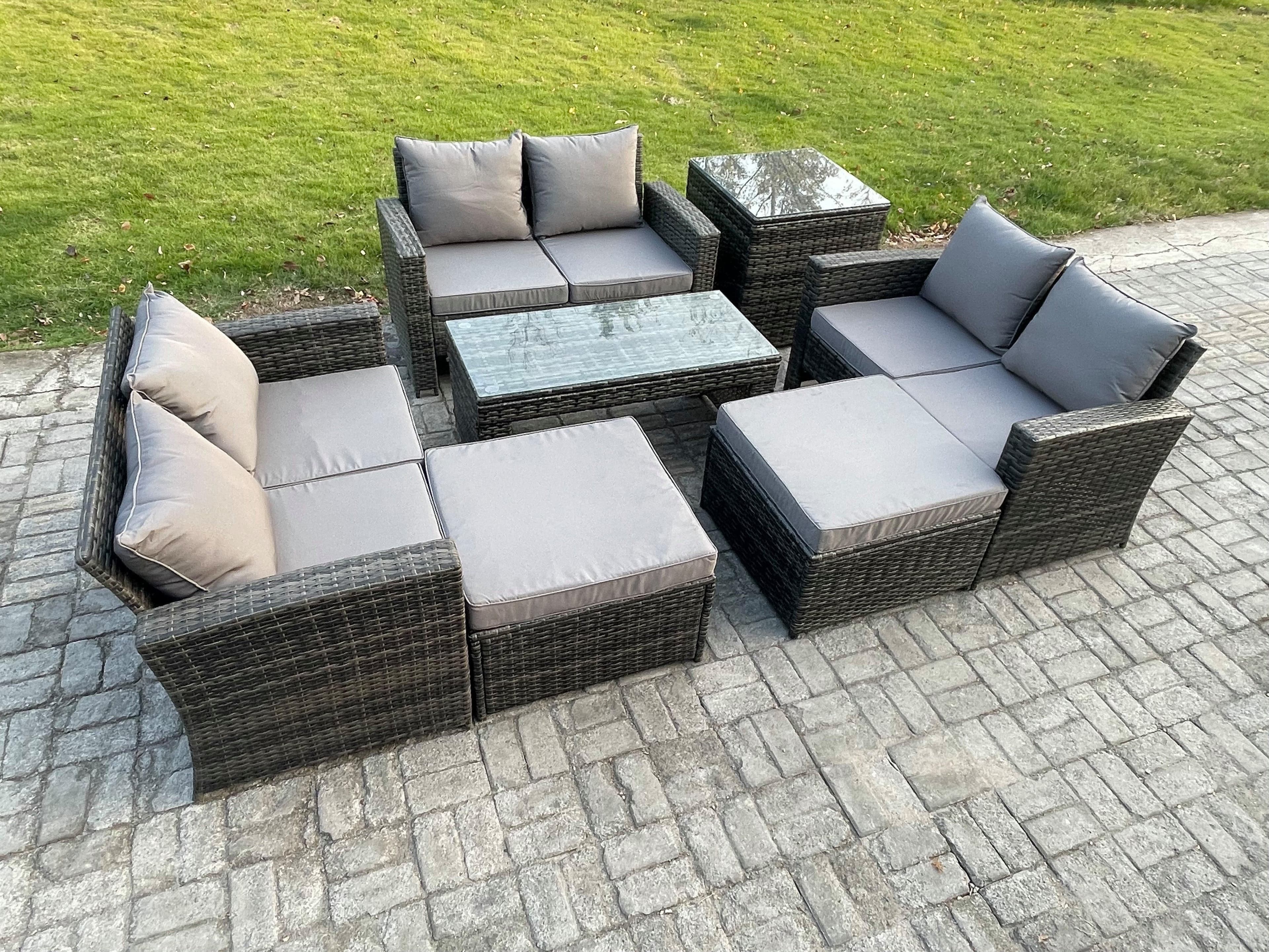 Outdoor U Shape Sofa Set Wicker PE Rattan Garden Furniture Set Coffee Table Double Seat Sofa 2 Big Footstool