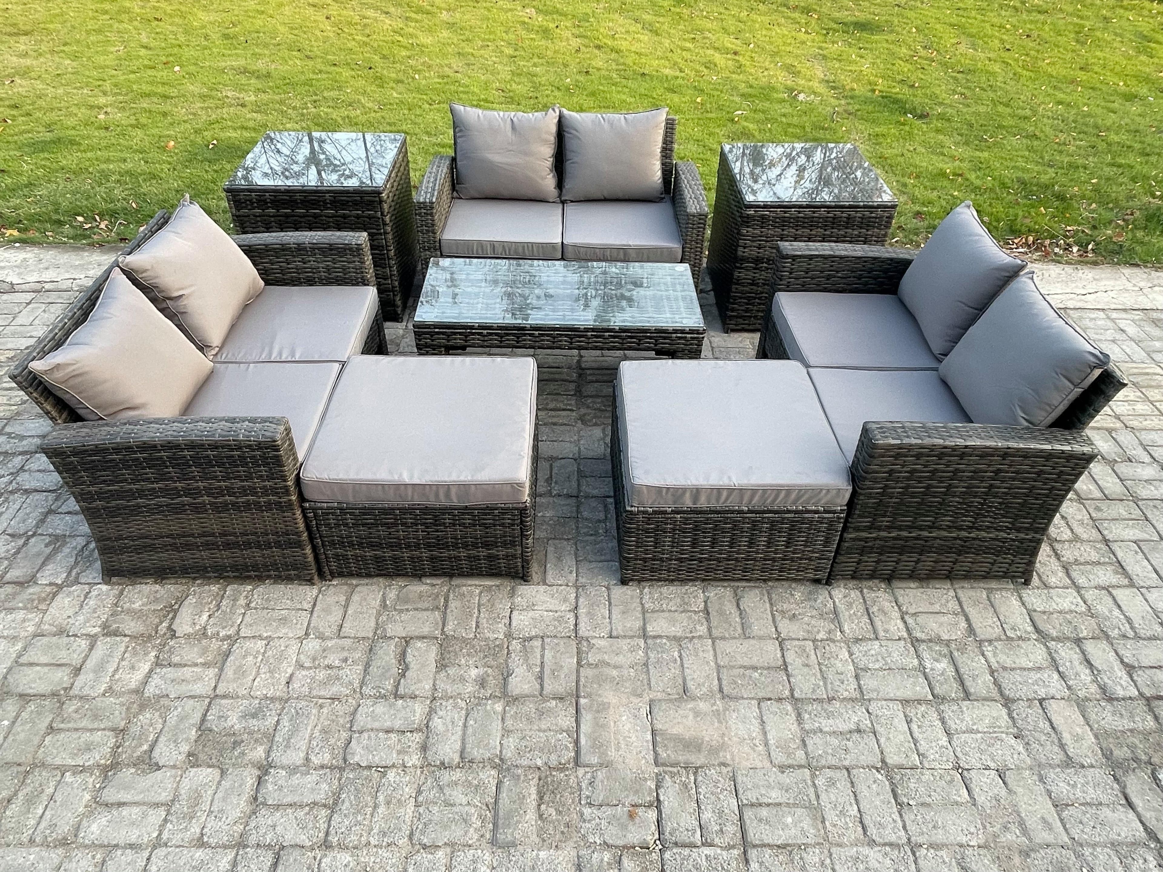 Outdoor U Shape Sofa Set Wicker PE Rattan Garden Furniture Set Coffee Table Double Seat Sofa Big Footstool