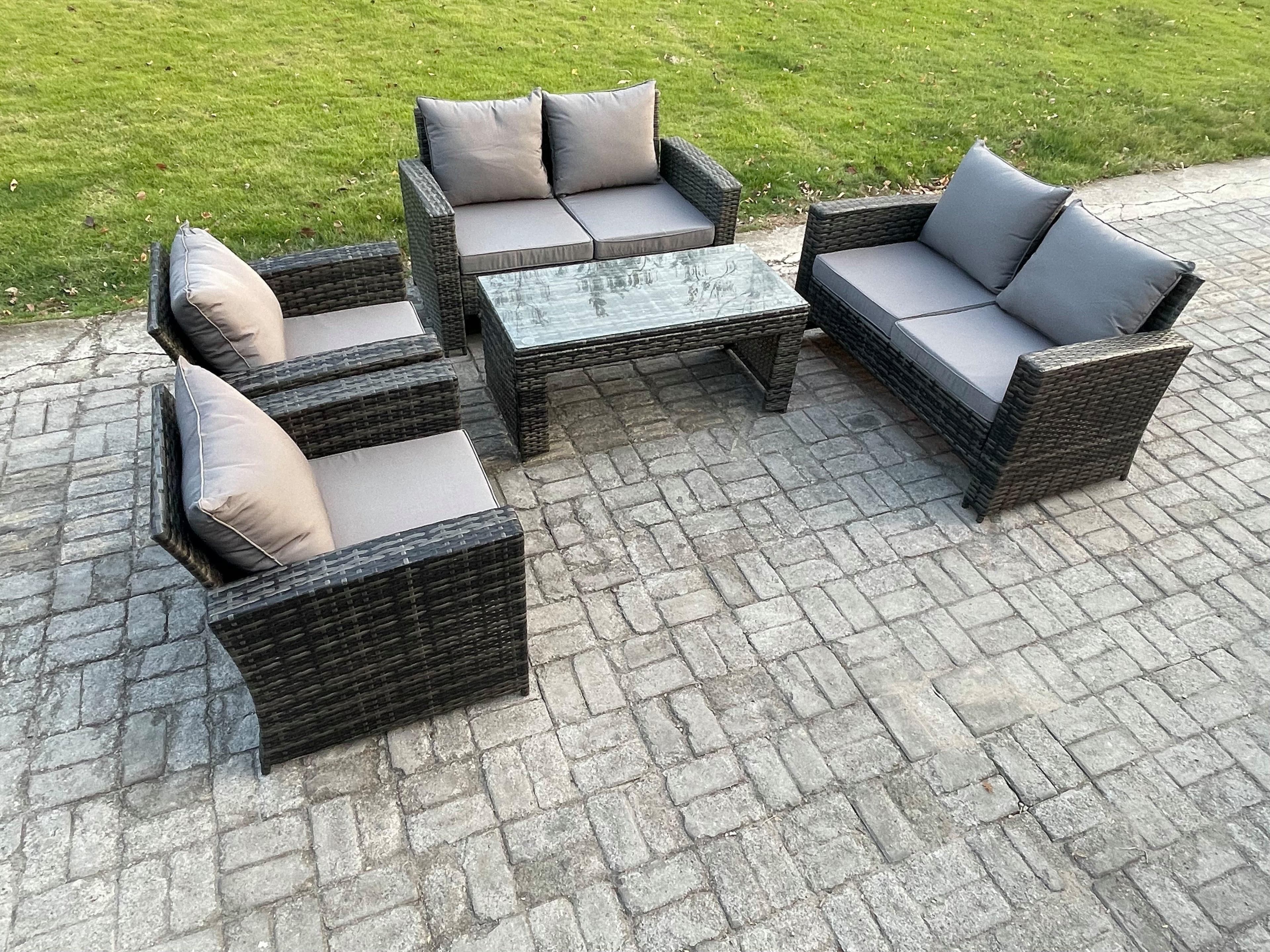 6 Seater Dark Grey Mixed High Back Rattan Sofa Set Coffee Table Garden Furniture Outdoor Patio Love Sofa