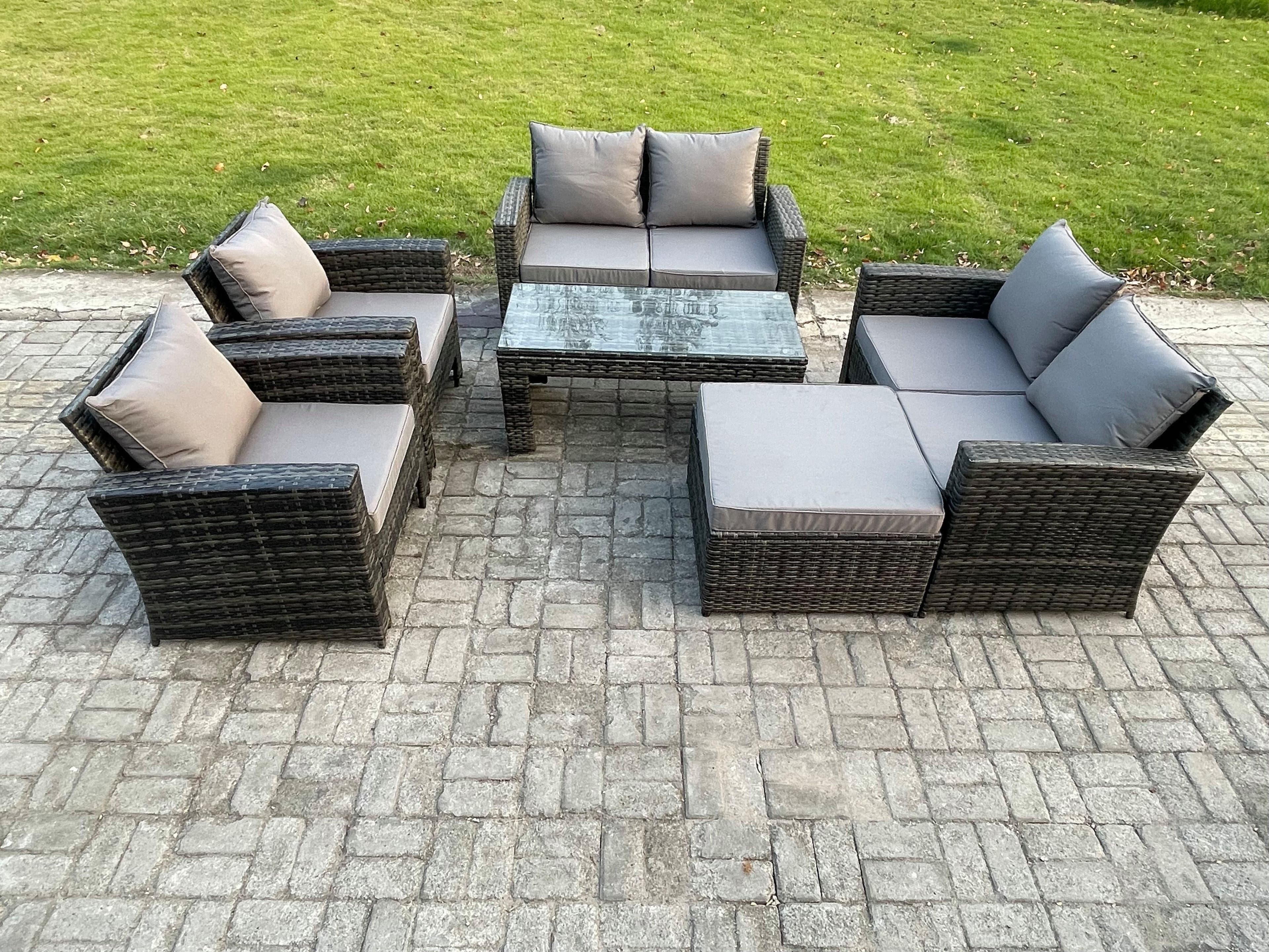 7 Seater Dark Grey Mixed High Back Rattan Sofa Set Coffee Table Garden Furniture Outdoor Patio Love Sofa Arm Chairs