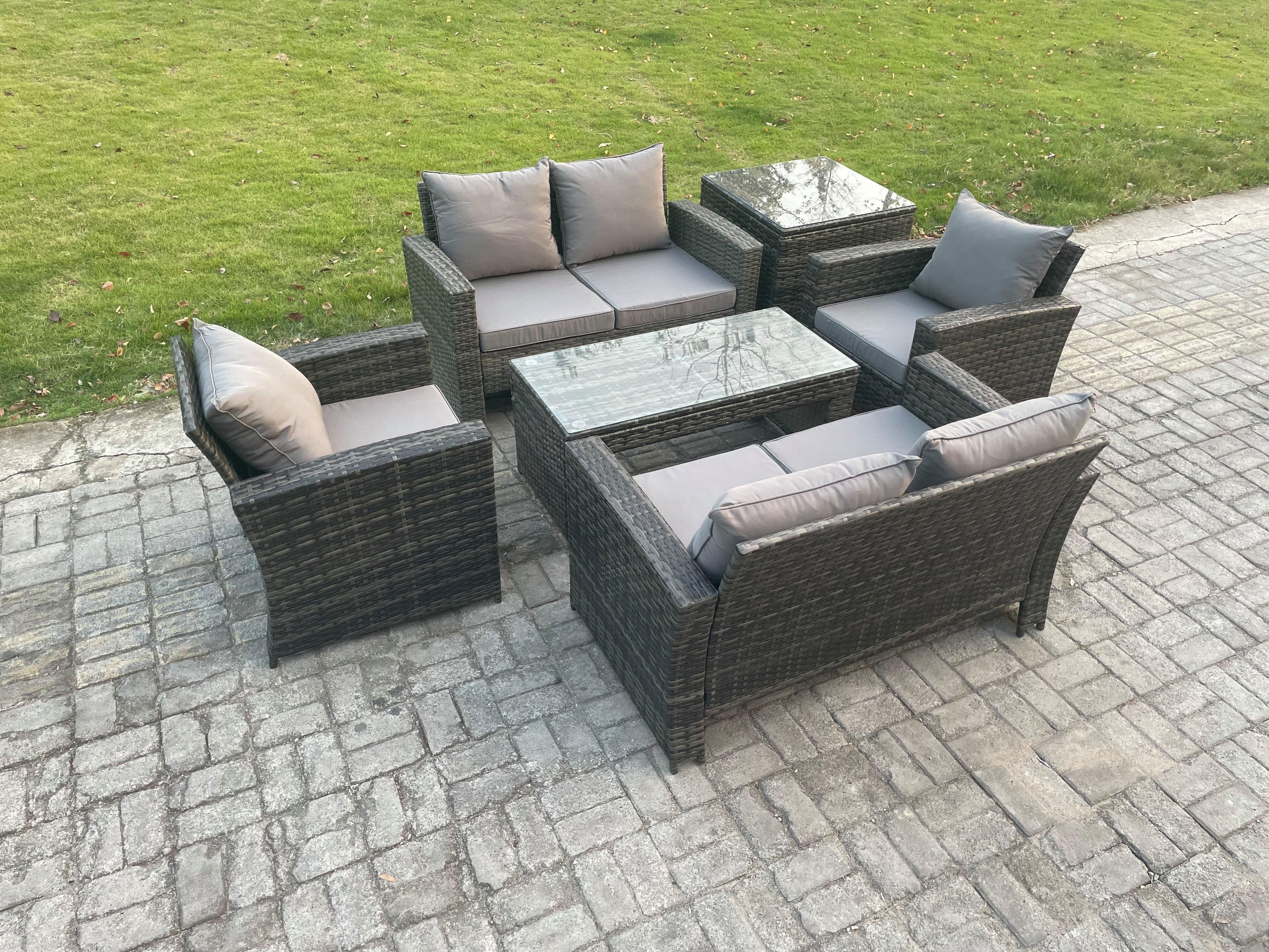6 Seater Dark Grey Mixed High Back Rattan Sofa Set Coffee Table Garden Furniture Outdoor Patio Love Sofa Arm Chairs