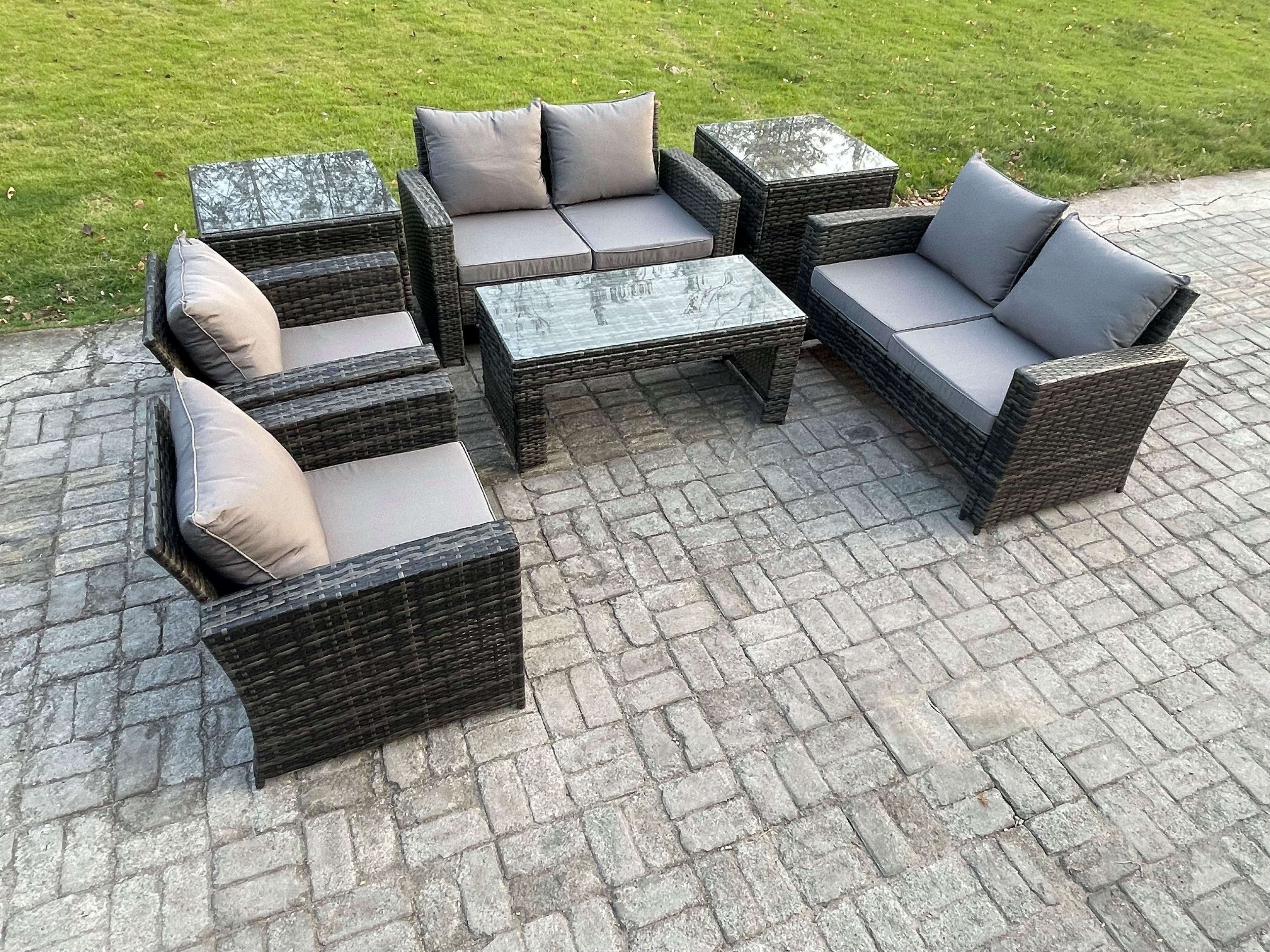 6 Seater Dark Grey Mixed High Back Rattan Sofa Set Coffee Table Garden Furniture Outdoor Patio Love Sofa Arm Chair