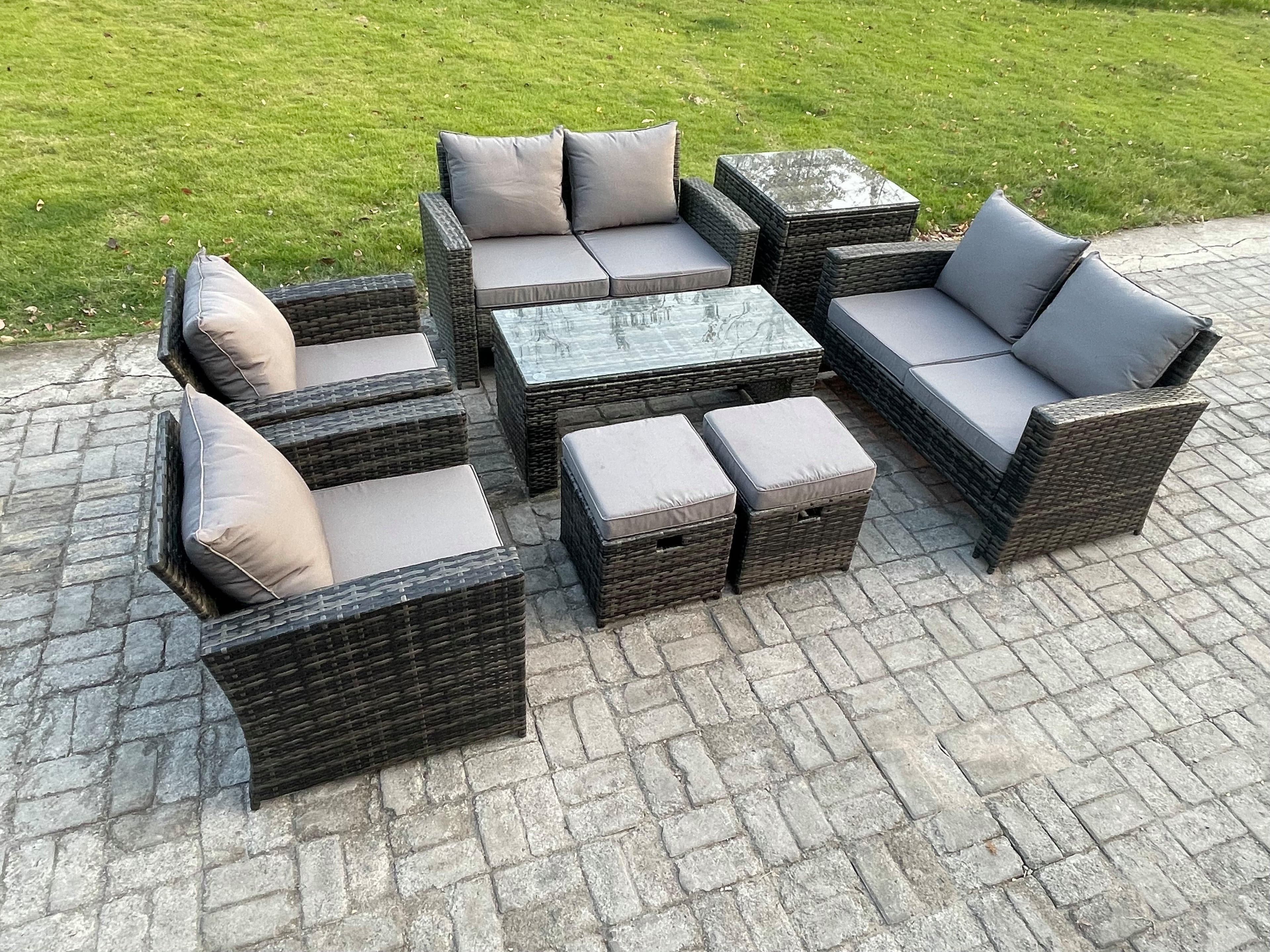 8 Seater Dark Grey Mixed High Back Rattan Sofa Set Coffee Table Garden Furniture Outdoor Patio Love Sofa Arm Chairs