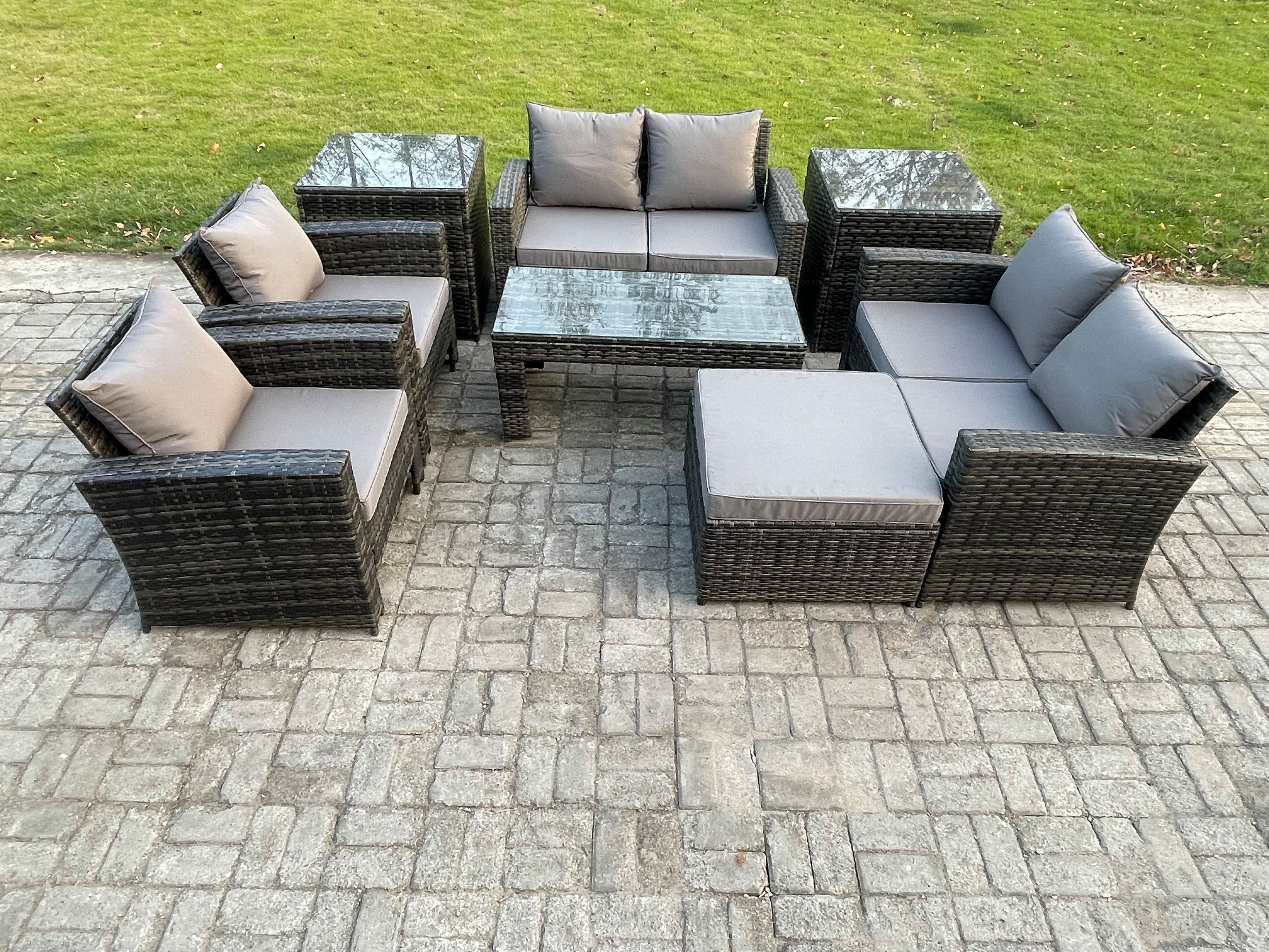 7 Seater Dark Grey Mixed High Back Rattan Sofa Set Coffee Table Garden Furniture Outdoor Patio Love Sofa Arm Chair