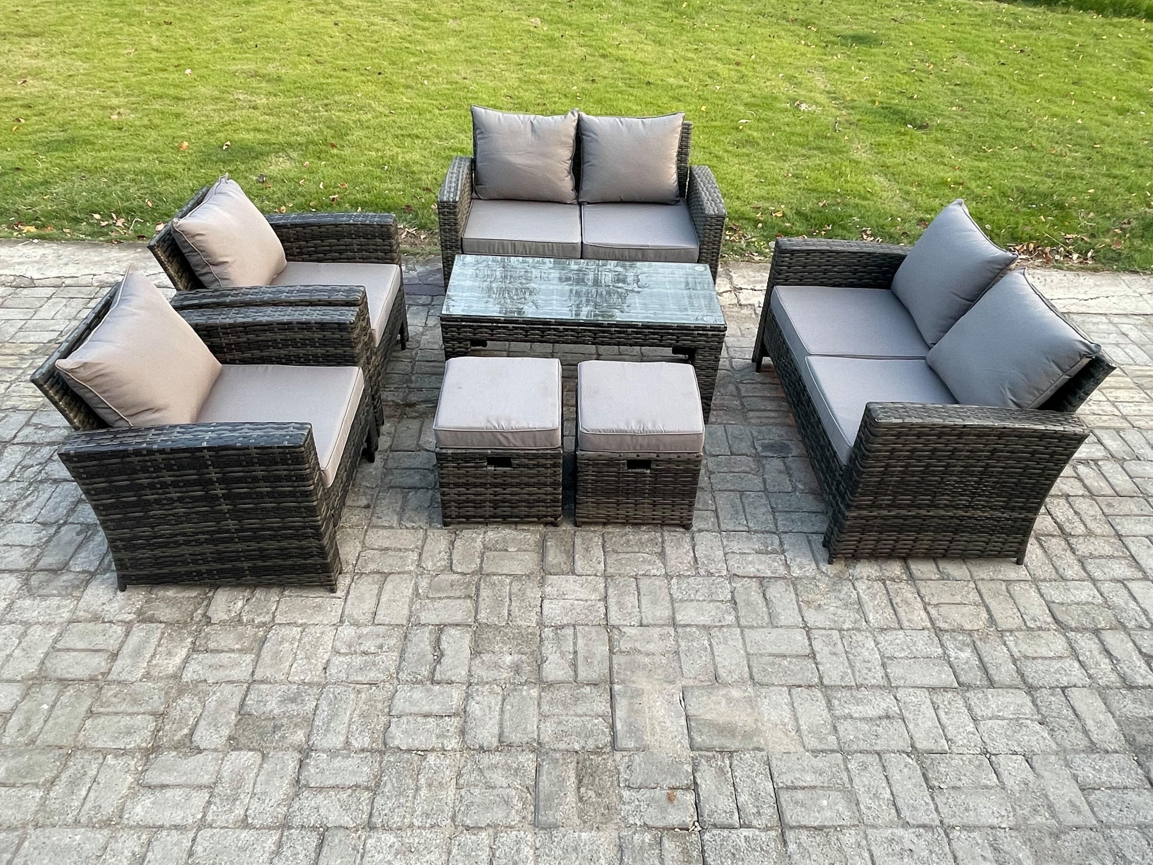 8 Seater Dark Grey Mixed High Back Rattan Sofa Set Coffee Table Garden Furniture Outdoor Patio Love Sofa Arm Chairs 2 Small Footstools