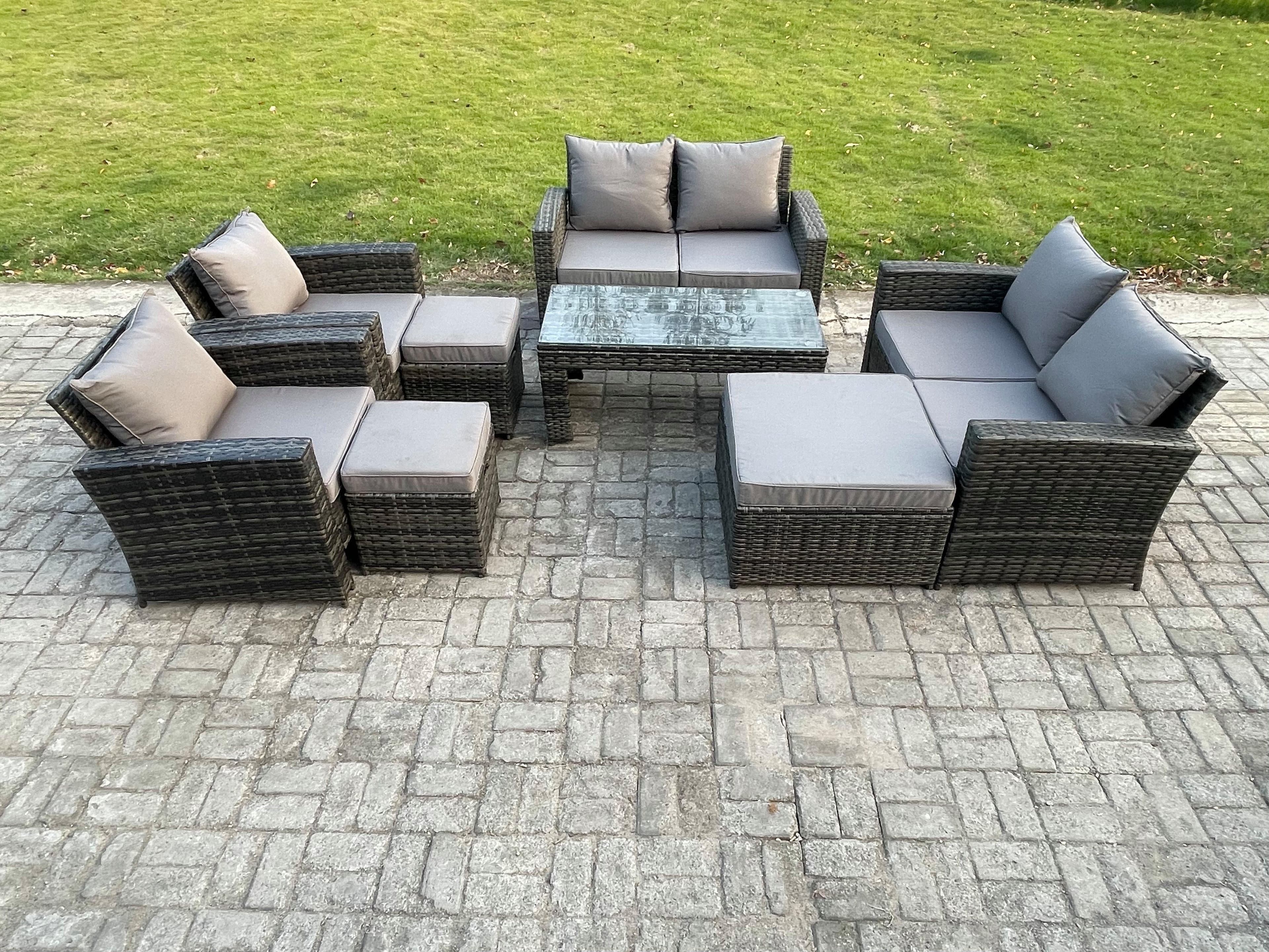 9 Seater Dark Grey Mixed High Back Rattan Sofa Set Coffee Table Garden Furniture Outdoor Patio Love Sofa Arm Chairs 3 Footstools
