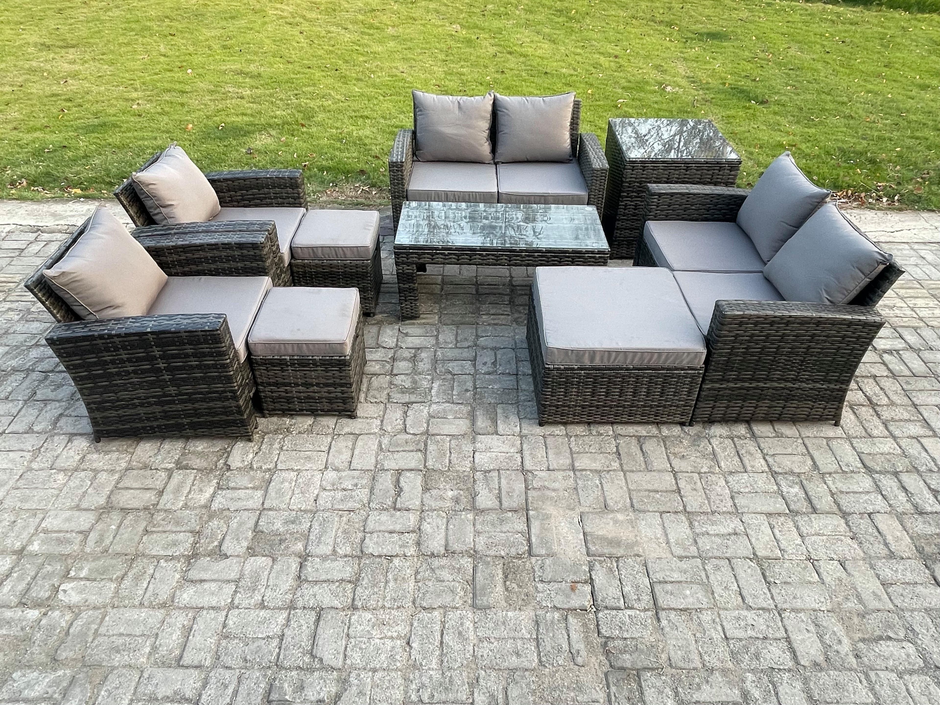 9 Seater Dark Grey Mixed High Back Rattan Sofa Set Coffee Table Garden Furniture Outdoor Patio Love Sofa Arm Chairs 3 Footstools Side Table