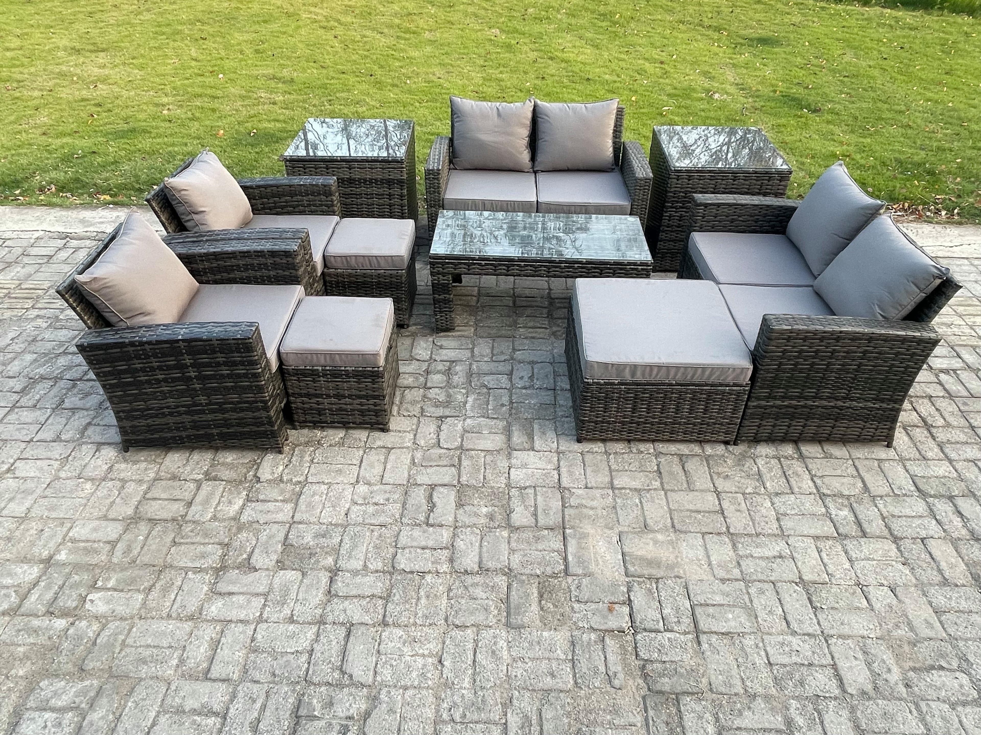 9 Seater Dark Grey Mixed High Back Rattan Sofa Set Coffee Table Garden Furniture Outdoor Patio Love Sofa Arm Chairs Footstools Side Tables