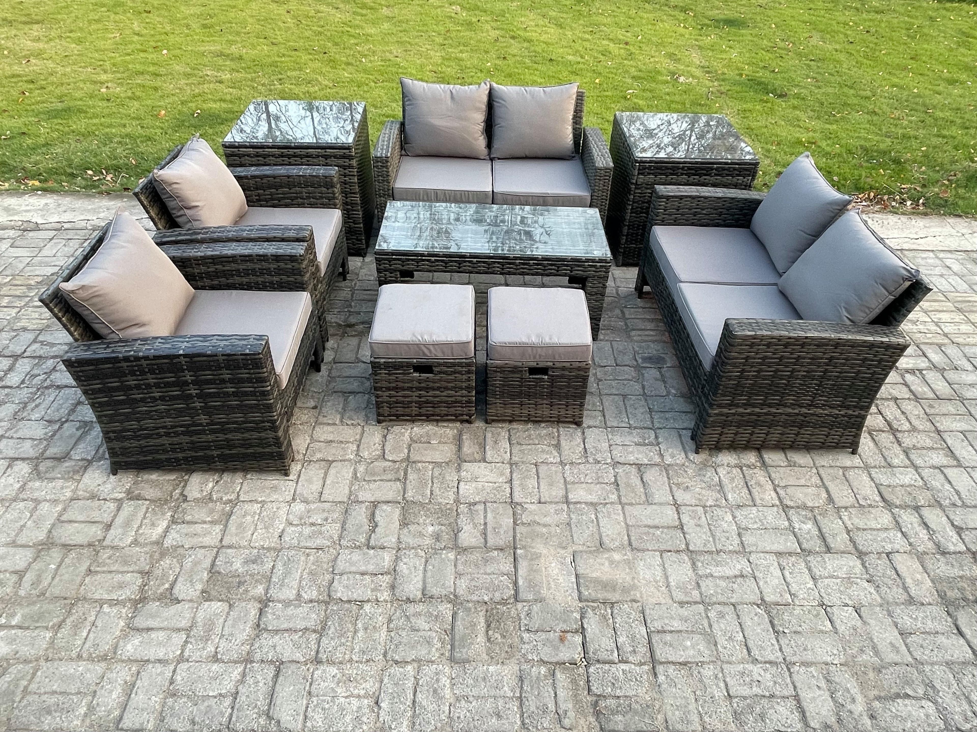 8 Seater Dark Grey Mixed High Back Rattan Sofa Set Coffee Table Garden Furniture Outdoor Patio Love Sofa Chairs 2 Small Footstools