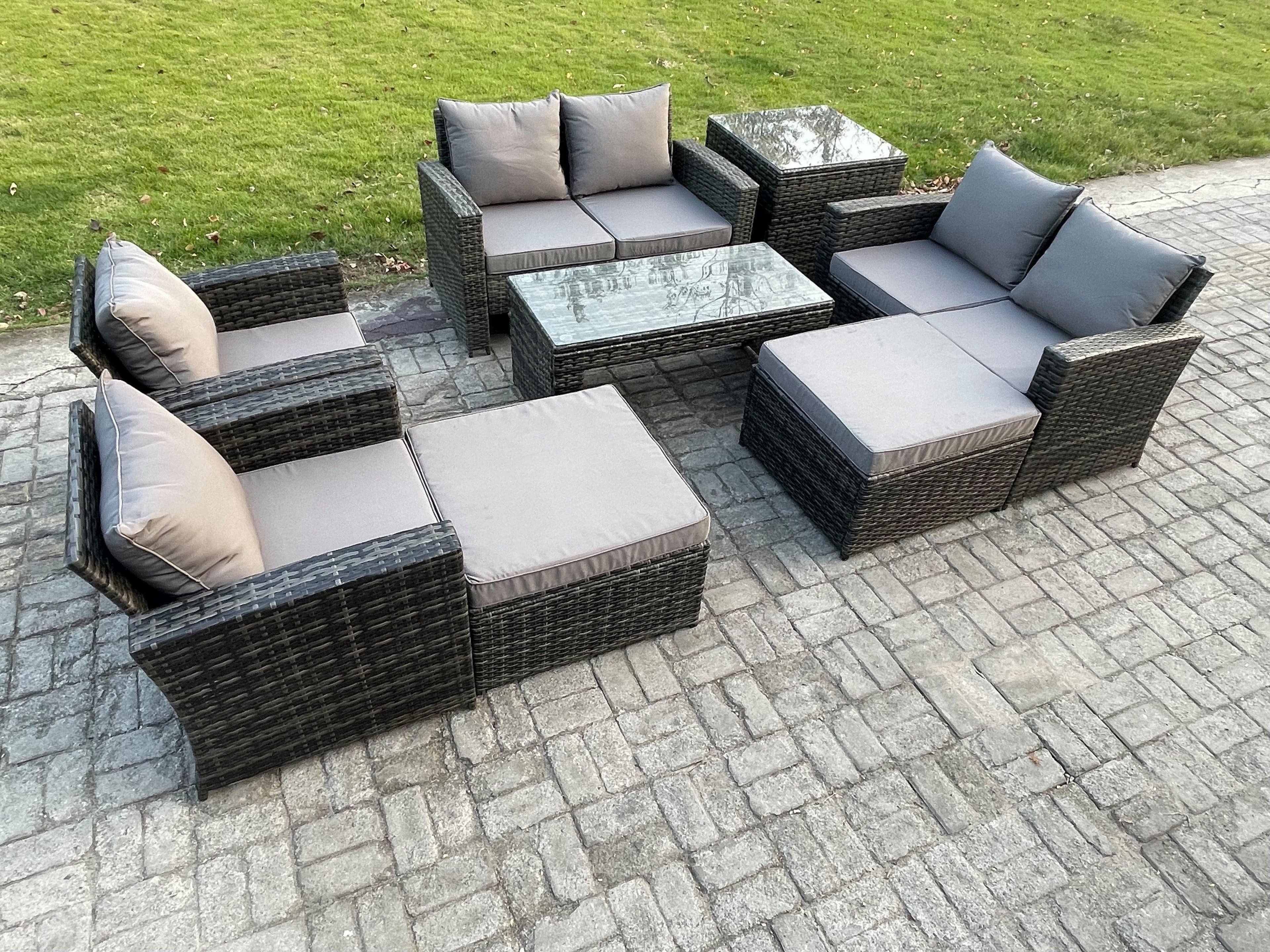8 Seater Outdoor Rattan Patio Furniture Set Garden Lounge Sofa Set Armchairs Side Table 2 Big Footstool Coffee Table Dark Grey Mixed