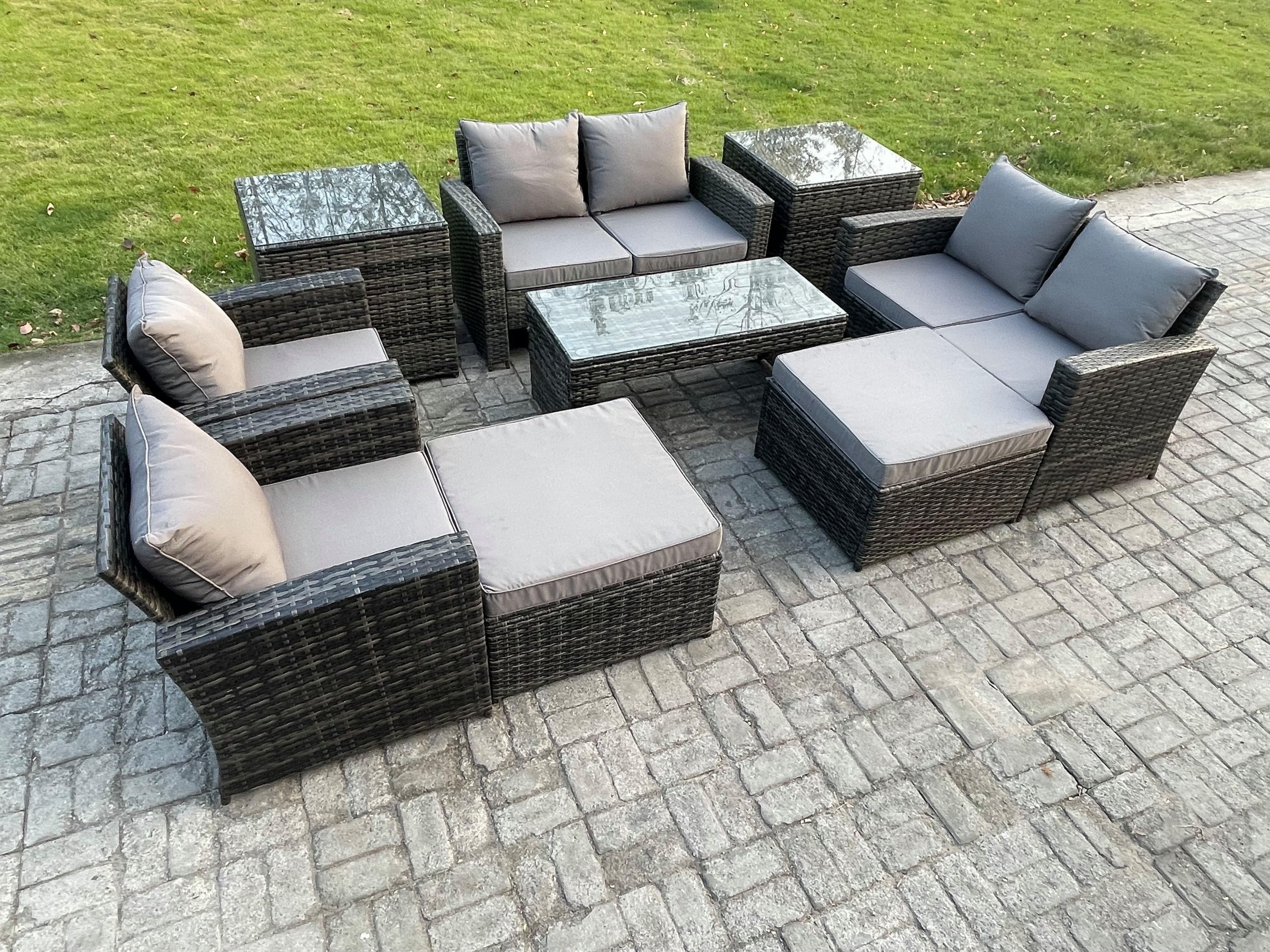 8 Seater Outdoor Rattan Patio Furniture Set Garden Lounge Sofa Set Armchairs 2 Side Tables 2 Big Footstool Coffee Table Dark Grey Mixed