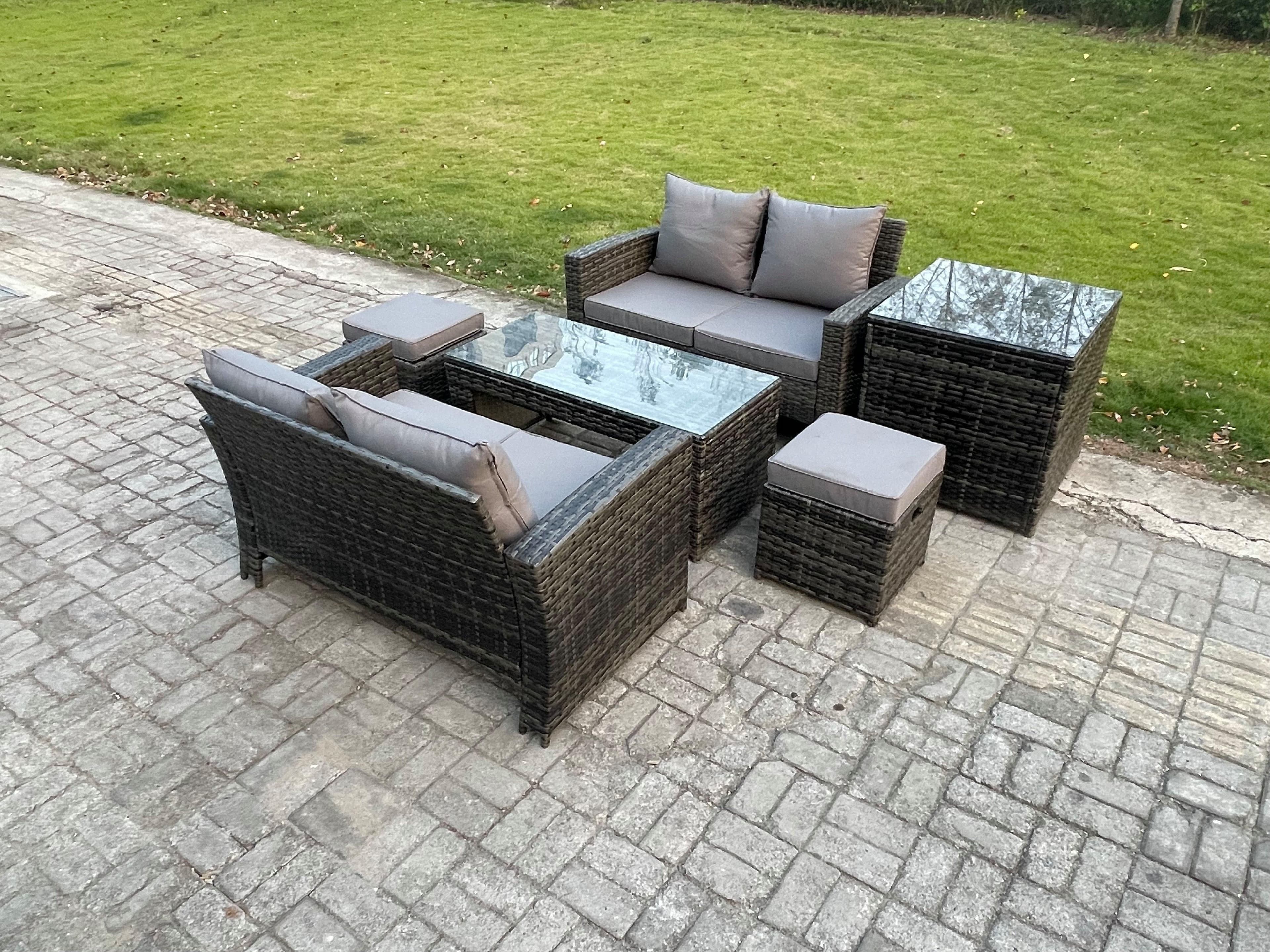 6 Pieces Garden Furniture Sets Poly Rattan Outdoor Patio Furniture PE Wicker Furniture Set Side Table 2 Small Footstool