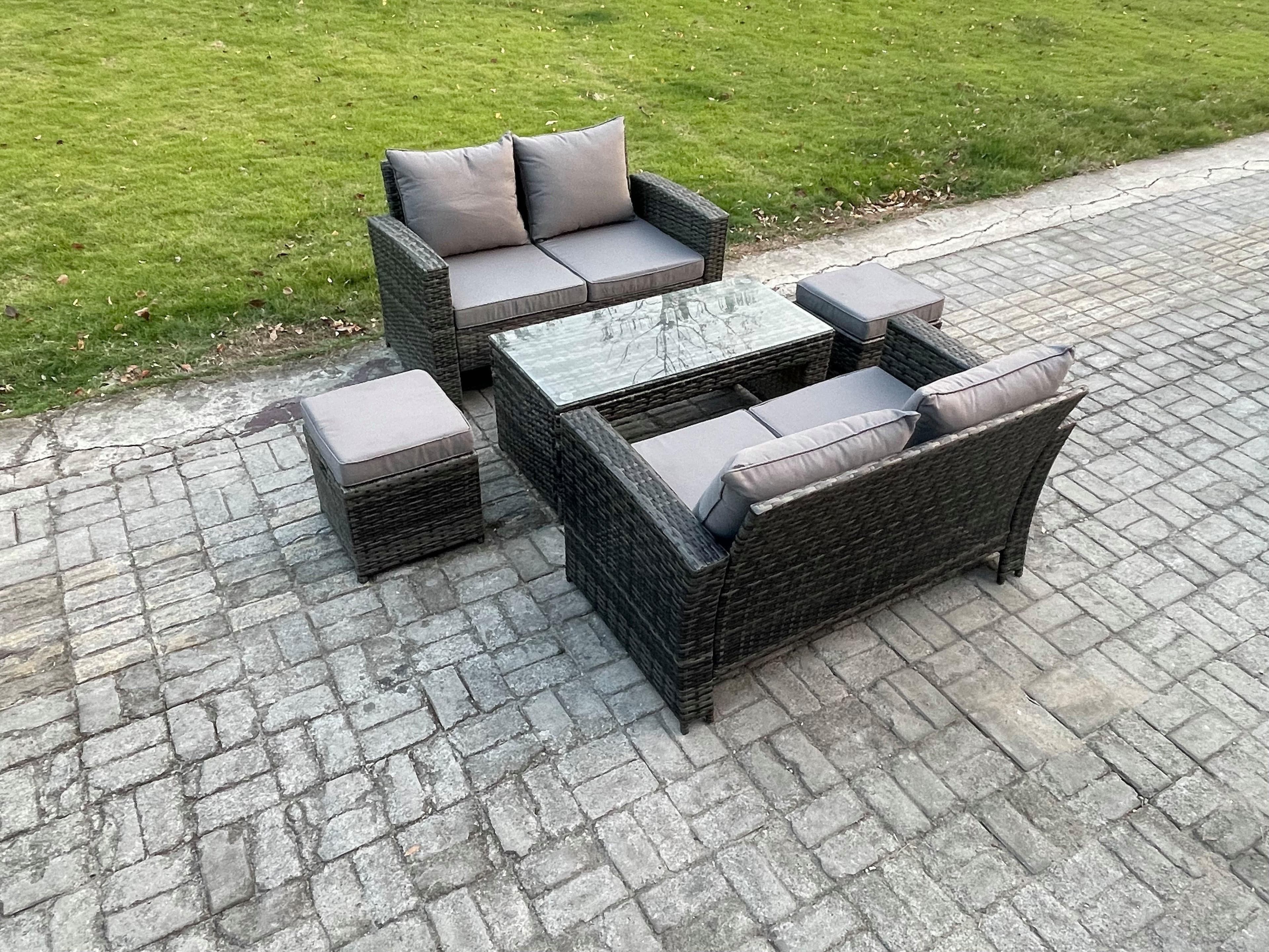 5 Pieces Garden Furniture Sets Poly Rattan Outdoor Patio Furniture Set 2 Small Footstool Loveseat Table