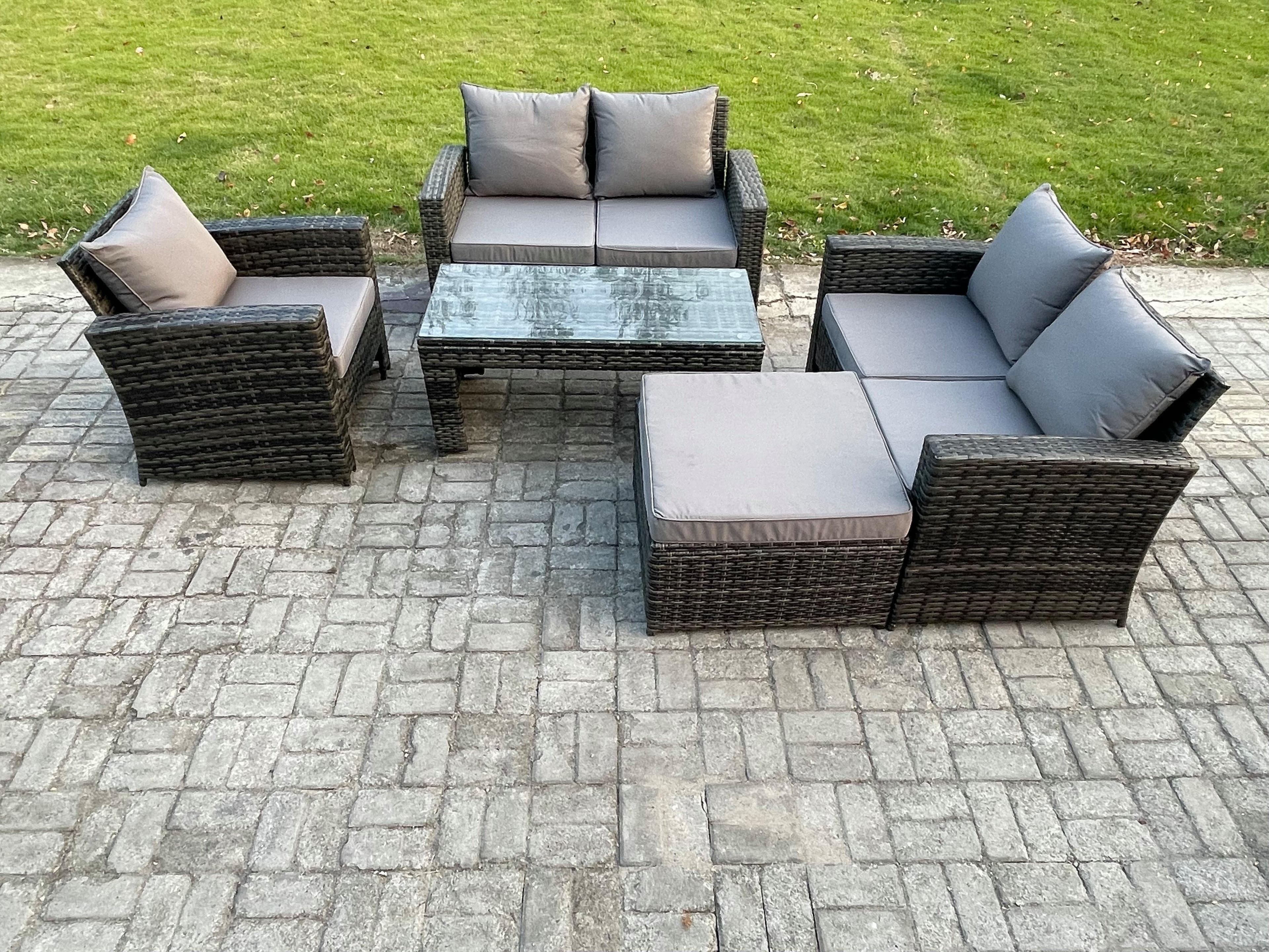 5pcs Rattan Outdoor Garden Furniture Sofa Set Coffee Table Big Footstool Dark Grey Mixed