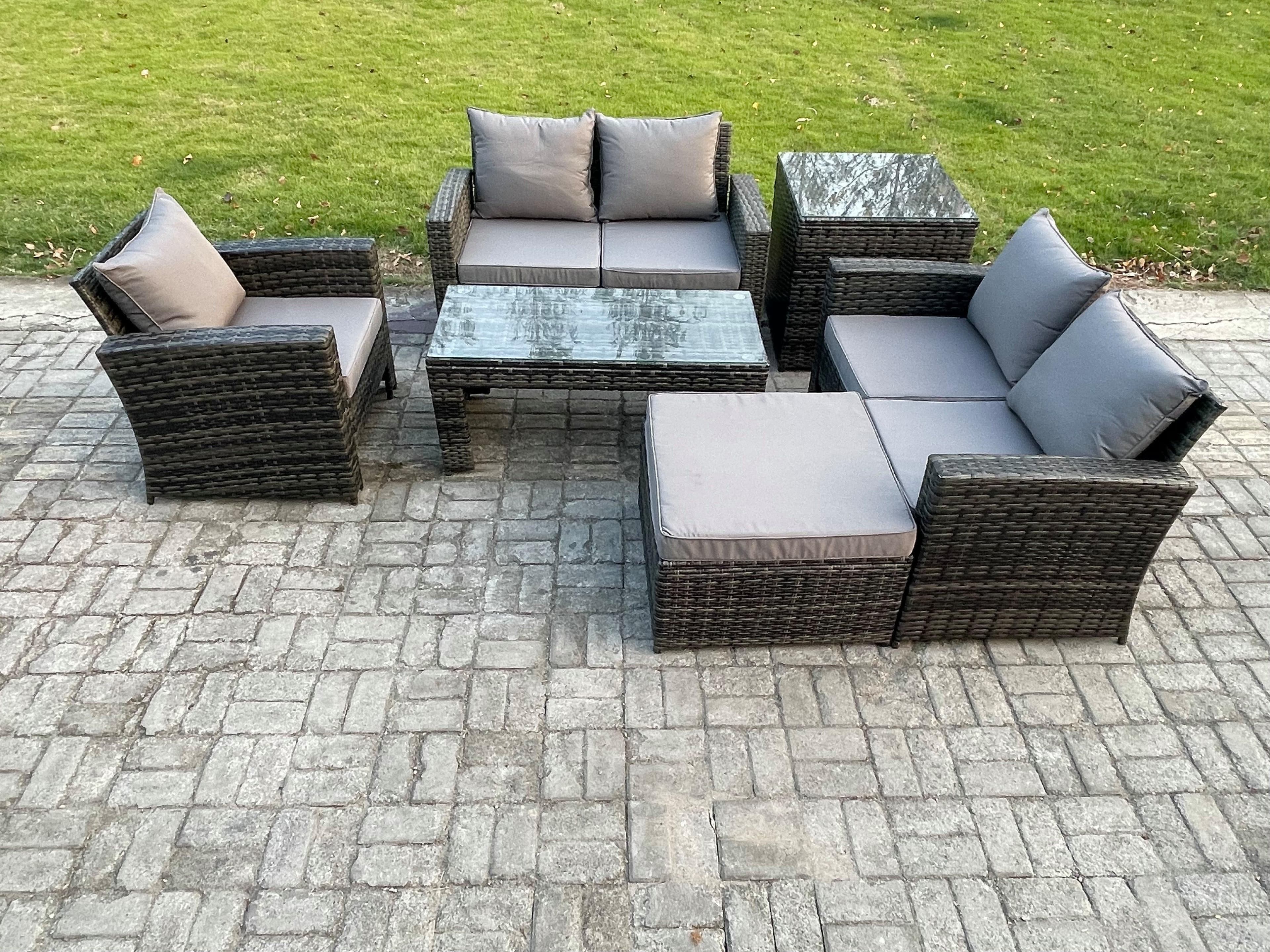 6pcs Rattan Outdoor Garden Furniture Sofa Set Coffee Table Big Footstool Side Table Dark Grey Mixed