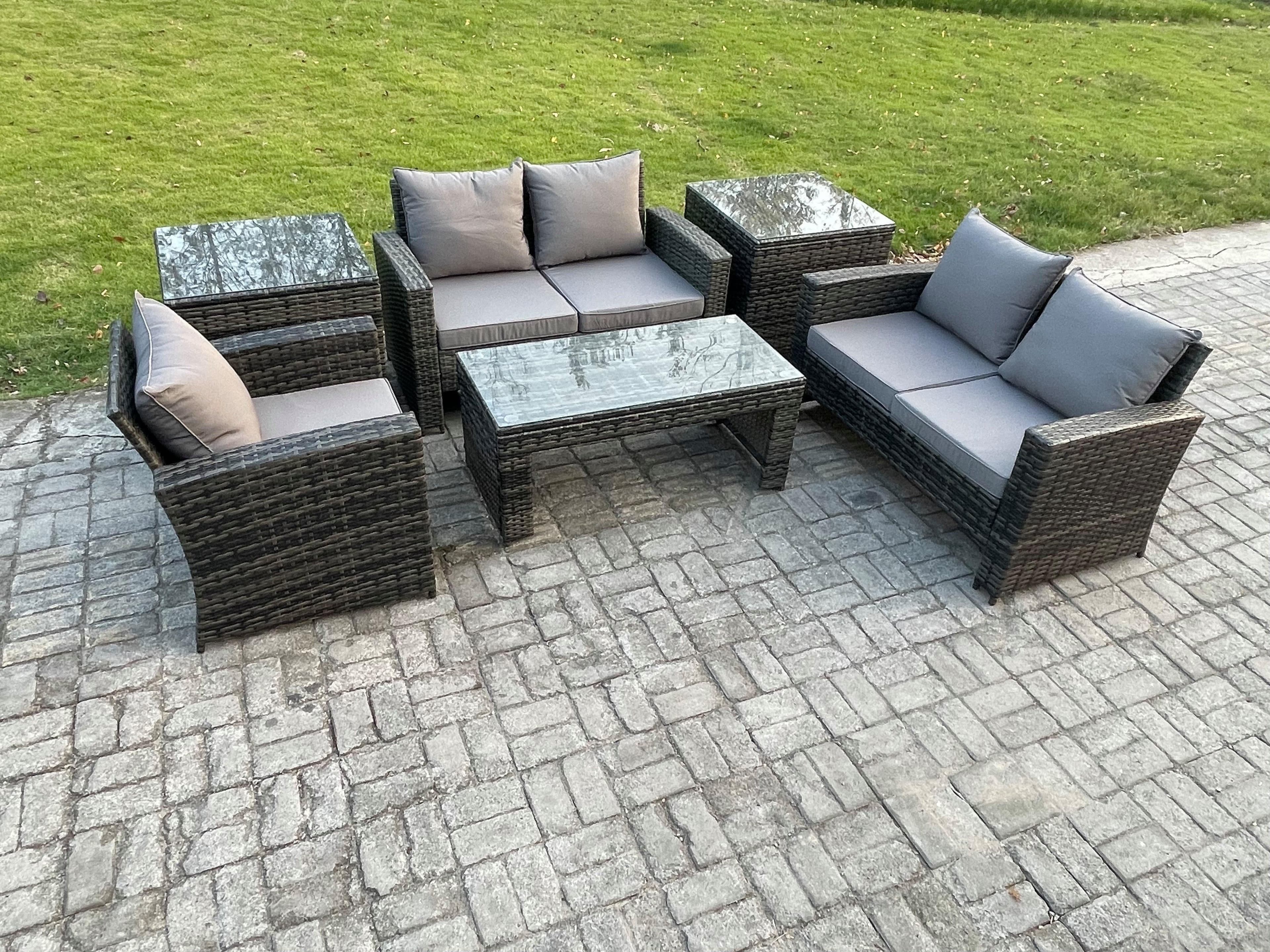 6pcs Rattan Outdoor Garden Furniture Sofa Set Coffee Table 2 Side Tables Dark Grey Mixed