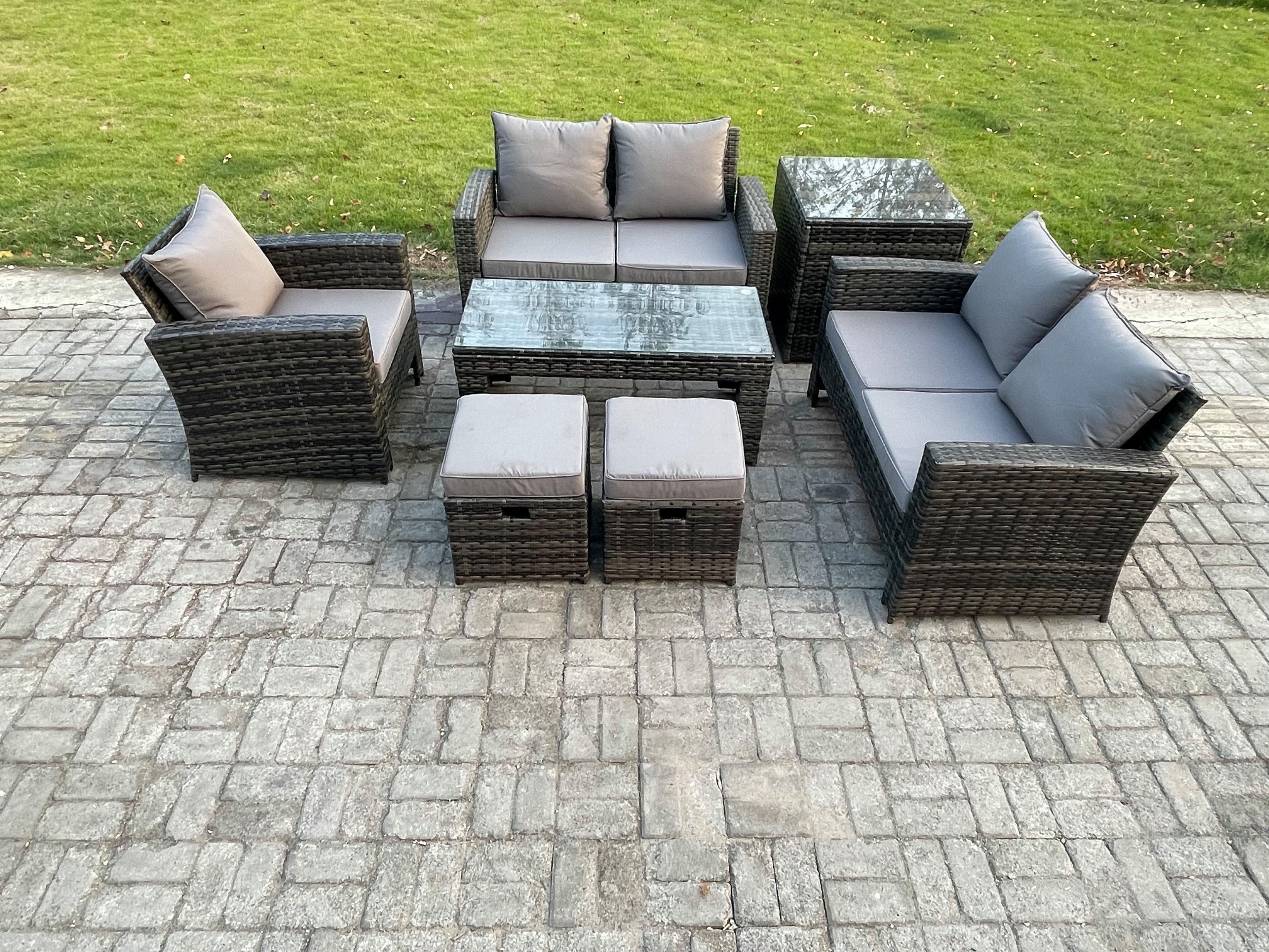 7pcs Rattan Outdoor Garden Furniture Sofa Set Coffee Table Side Table 2 Small Footstools Dark Grey Mixed