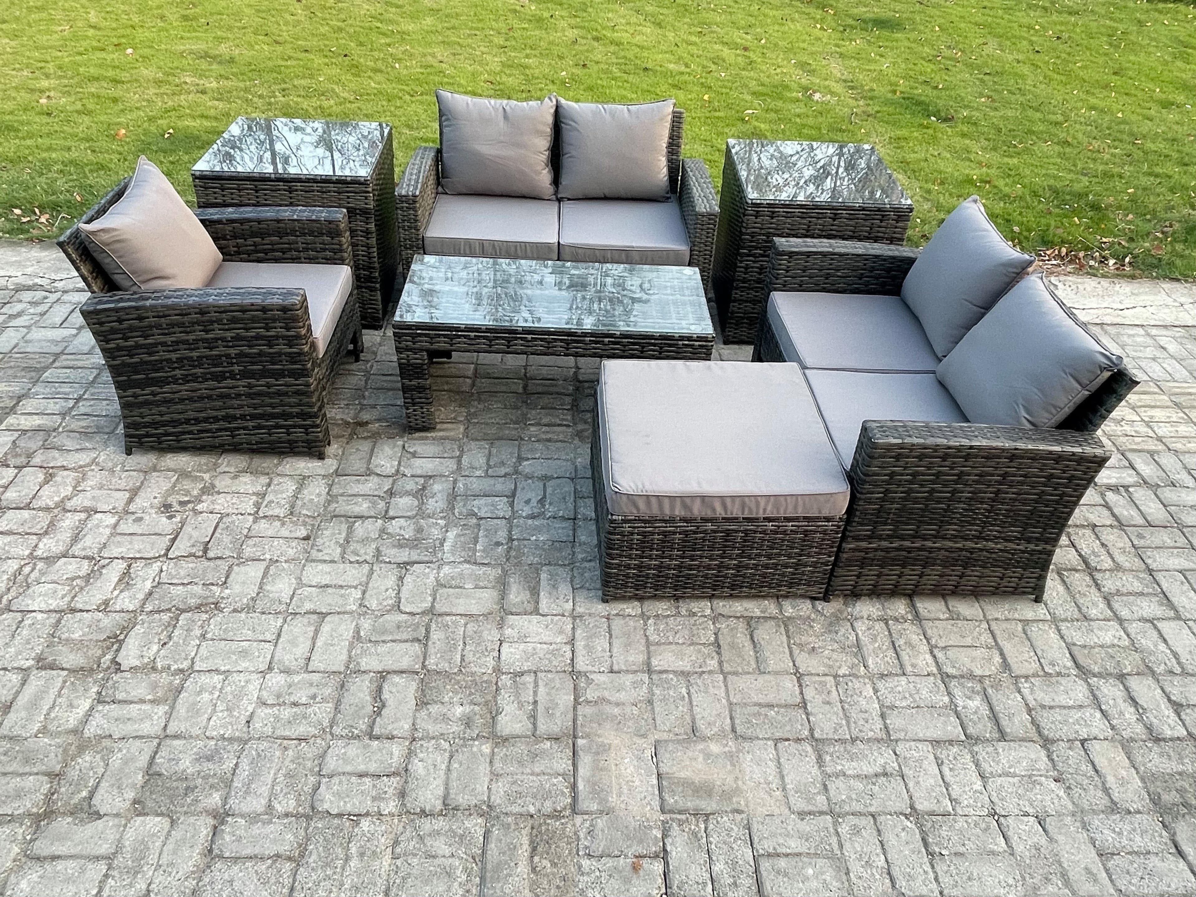 7pcs Rattan Outdoor Garden Furniture Sofa Set Coffee Table 2 Side Tables Big Footstool Dark Grey Mixed