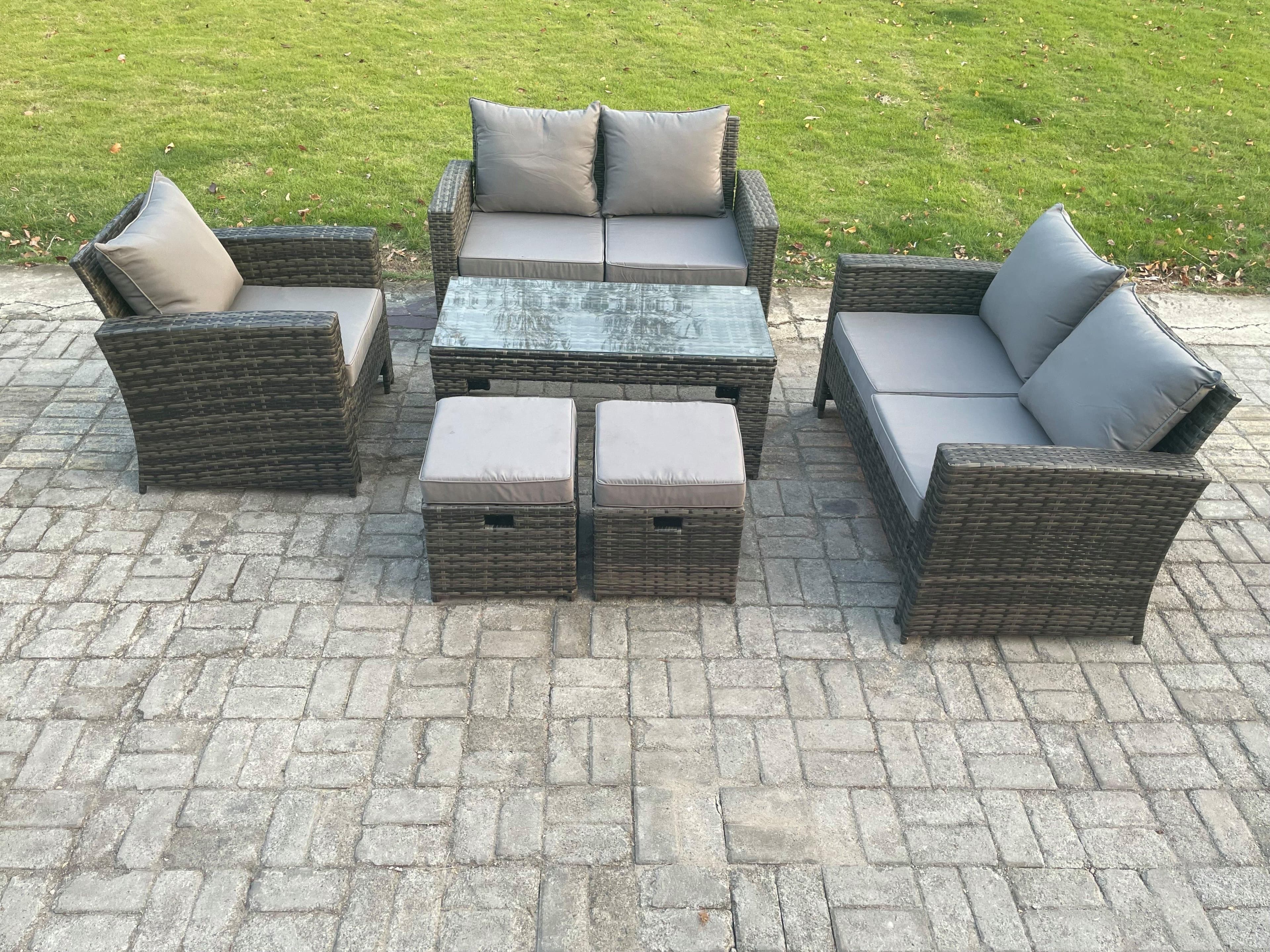 7 Seater Rattan Outdoor Garden Furniture Sofa Set Coffee Table 2 Small Footstool Dark Grey Mixed