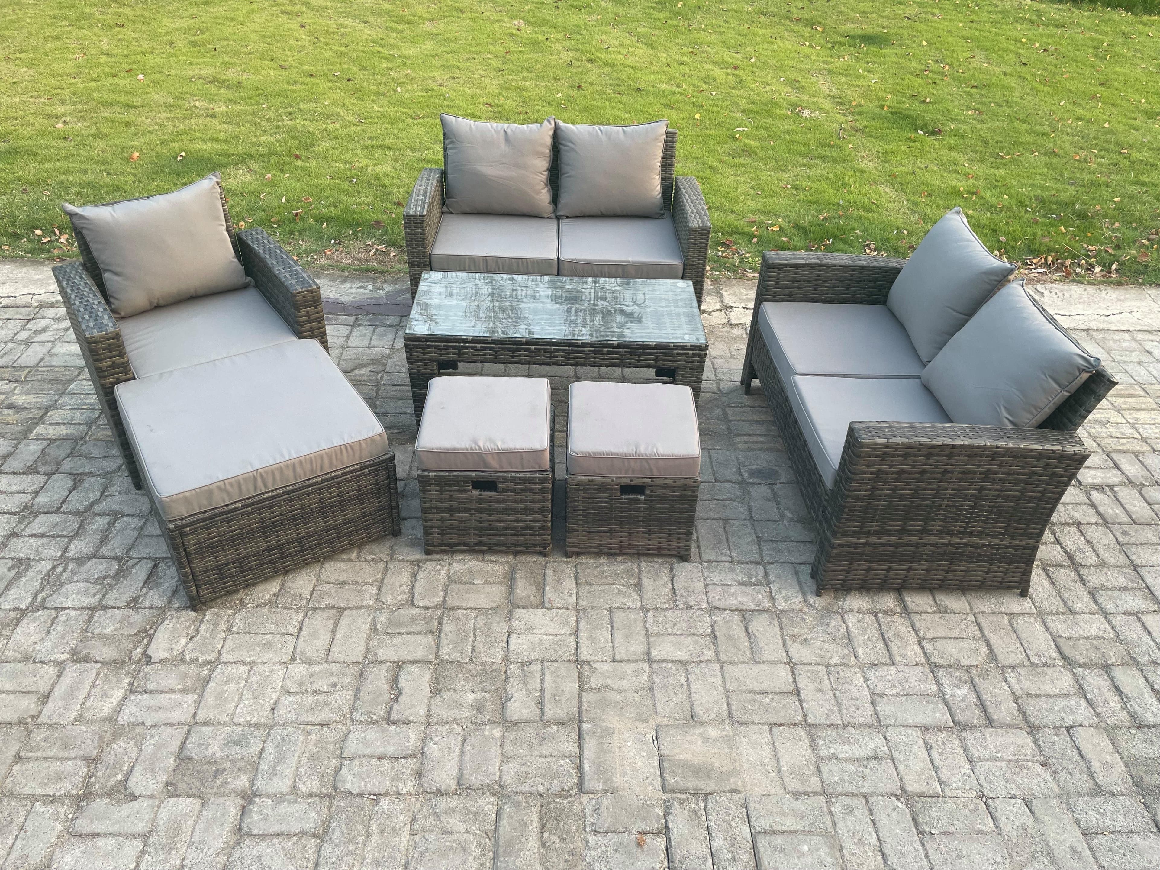 Outdoor Rattan Patio Furniture Set Garden Lounge Sofa Set 3 Footstools Coffee Table Dark Grey Mixed