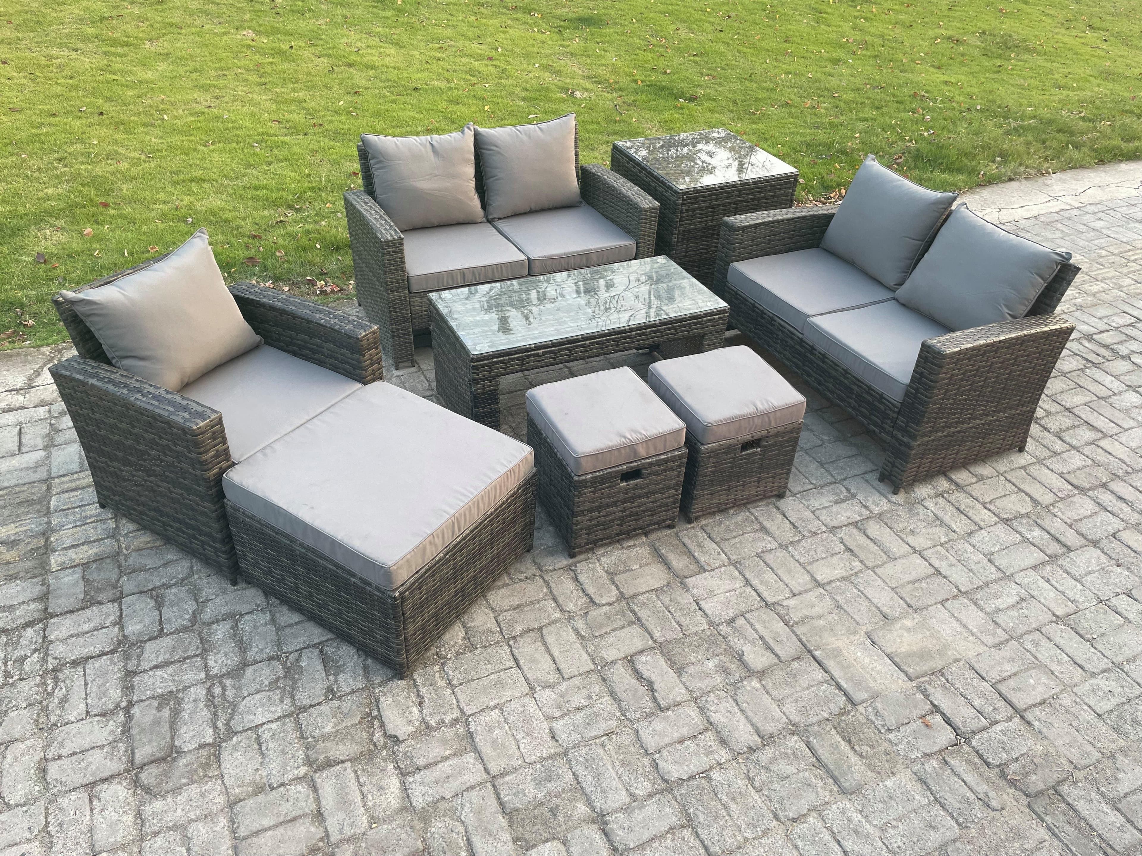 Outdoor Rattan Patio Furniture Set Garden Lounge Sofa Set Side Table 3 Footstools Coffee Table Dark Grey Mixed