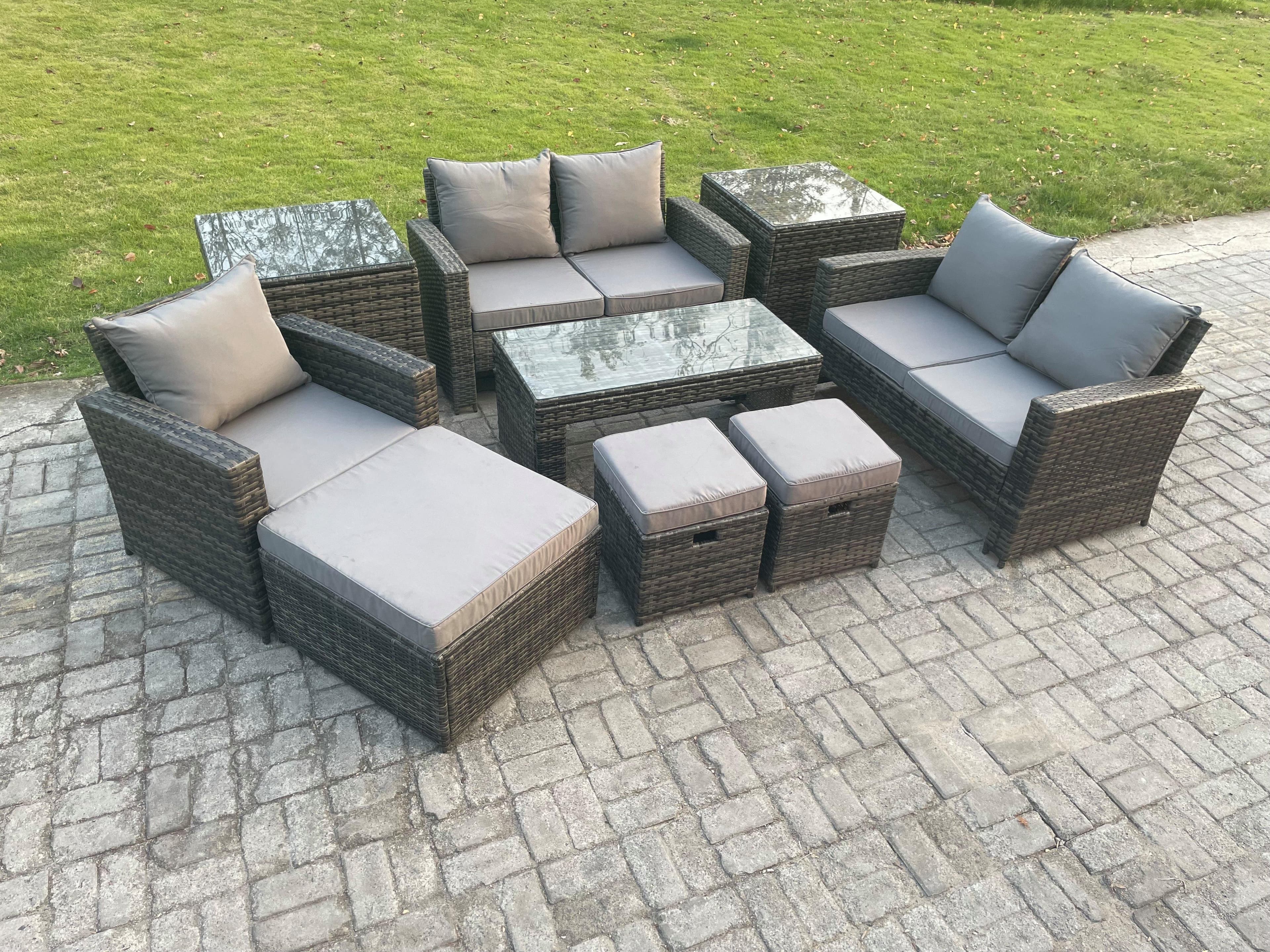 8 Seater Outdoor Rattan Patio Furniture Set Garden Lounge Sofa Set 2 Side Tables 3 Footstools Coffee Table Dark Grey Mixed